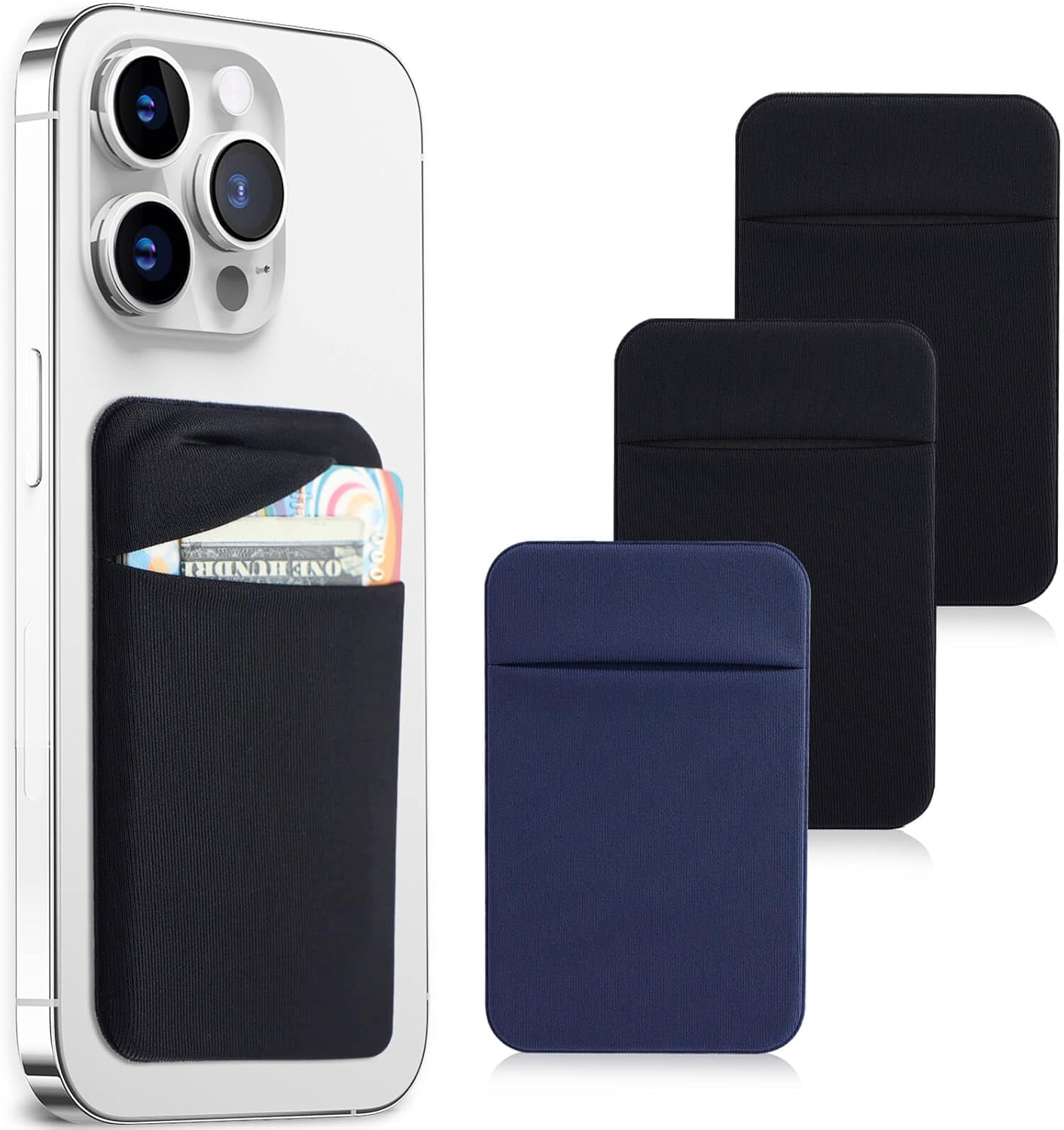 3Pack Cell Phone Card Holder Pocket for Back of Phone,Stretchy Stick on Wallet Credit Card ID Case Pouch Sleeve Self Adhesive Sticker with Flap for iPhone Samsung Galaxy-2Black+1Navy Blue