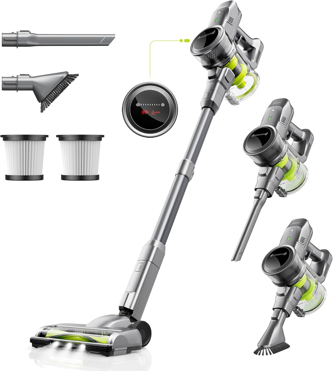 kalado Cordless Vacuum Cleaner KCV01, 26KPA 250W Hoover Cordless, 40 Mins Runtime Removable Battery, Lightweight Self-standing Stick Vacuum Cleaner with LED Display For Hardwood Floor, Carpet (Green)