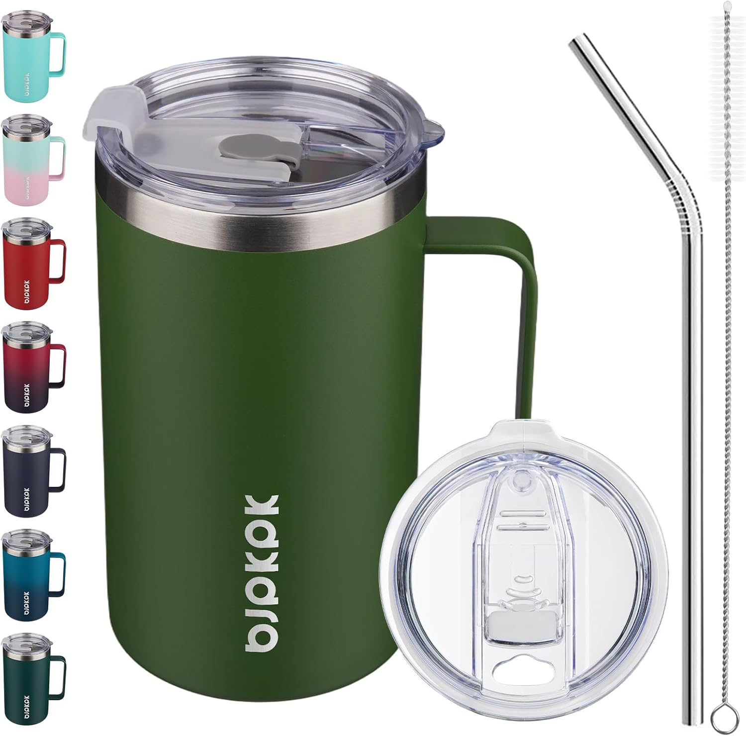 BJPKPK Insulated Coffee Mug with 2 Lids, 25oz Stainless Steel Insulated Tumbler with Handle, Double Wall Vacuum Coffee Cup, BPA Free Leak Proof Thermos for Travel & Home, Forest Green