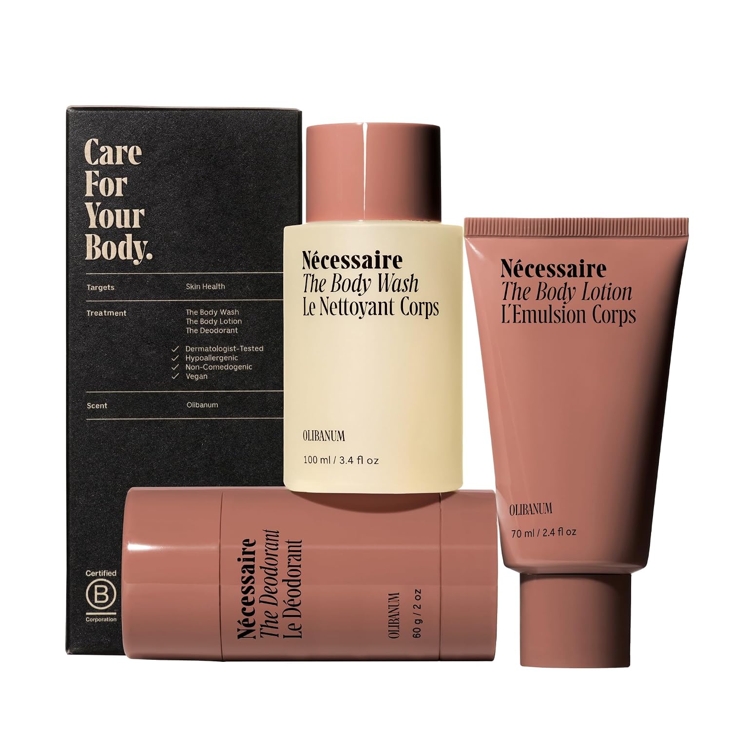 Nécessaire Body Essentials - Skin Care Gift Set For Women + Men - Travel-Size Body Wash, Body Lotion + Deodorant | Dermatologist-Tested. Hypoallergenic | Vegan | Aluminum-Free Deodorant (Olibanum)