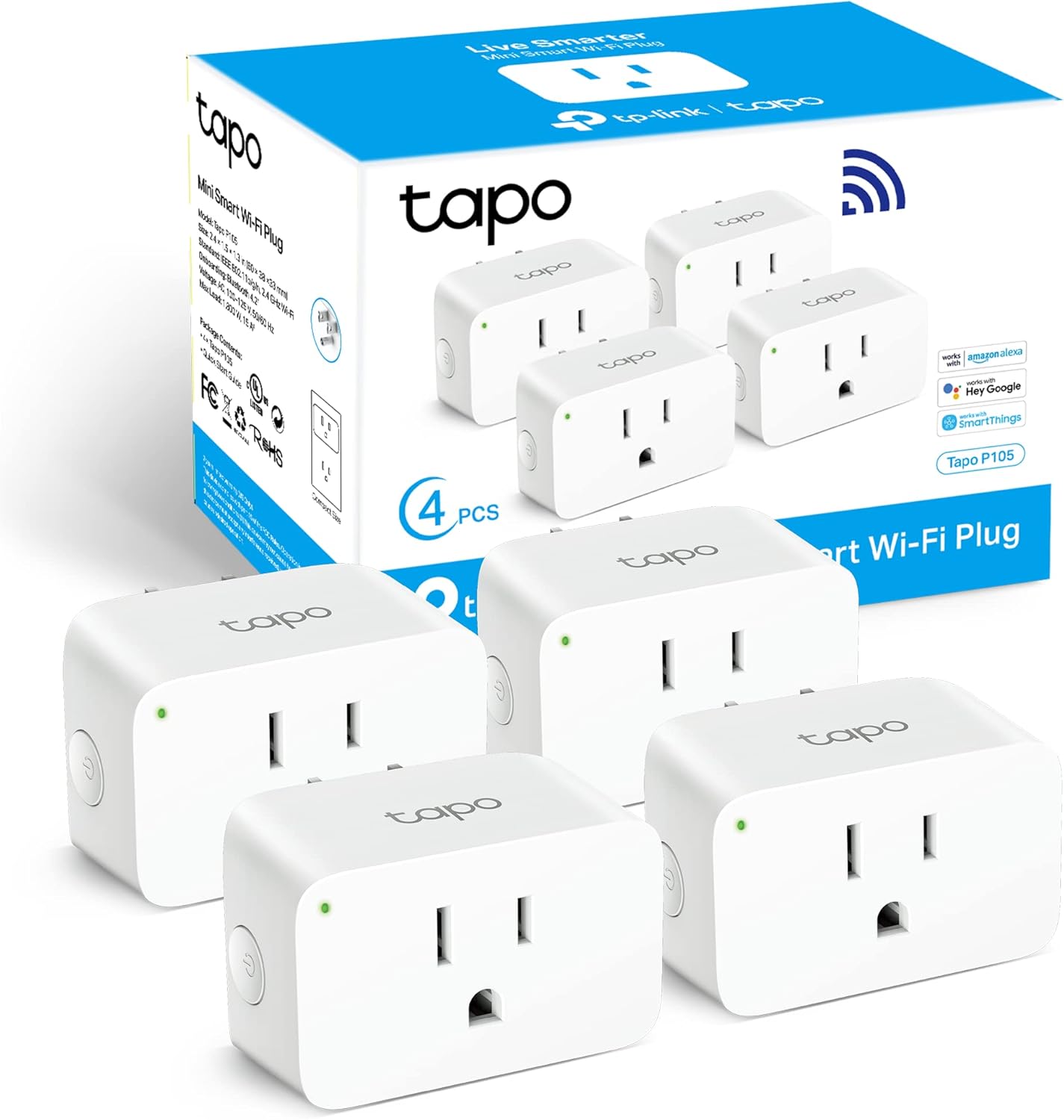 TP-Link Tapo Smart Plug Mini 15A, Smart Home Wi-Fi Plug, Super Easy Setup, Compatible with Alexa & Google Home, No Hub Required, UL Certified, 2.4G WiFi Only, White, Tapo P105(4-Pack)