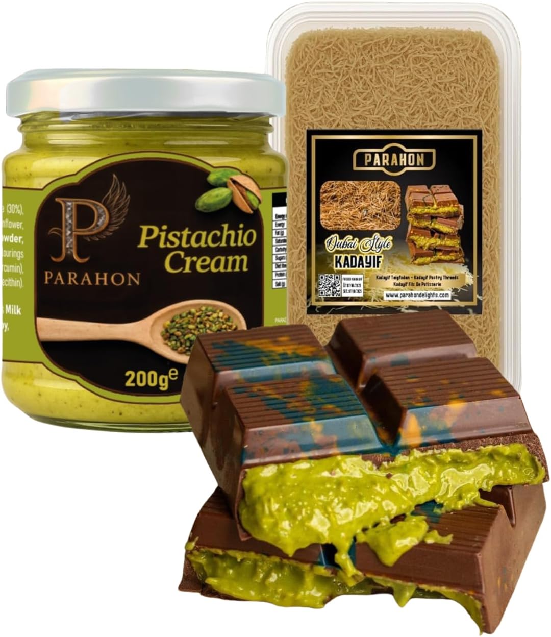 Parahon Dubai Pastry Kit Pistachio Spread 200g & 250g Kataifi Shredded Filo Dough Viral Set with Kadayif Kunafa Pastry Gourmet DIY Gift (Pistachio Cream Spread 200g & Kataifi Shredded Filo Dough 250g)