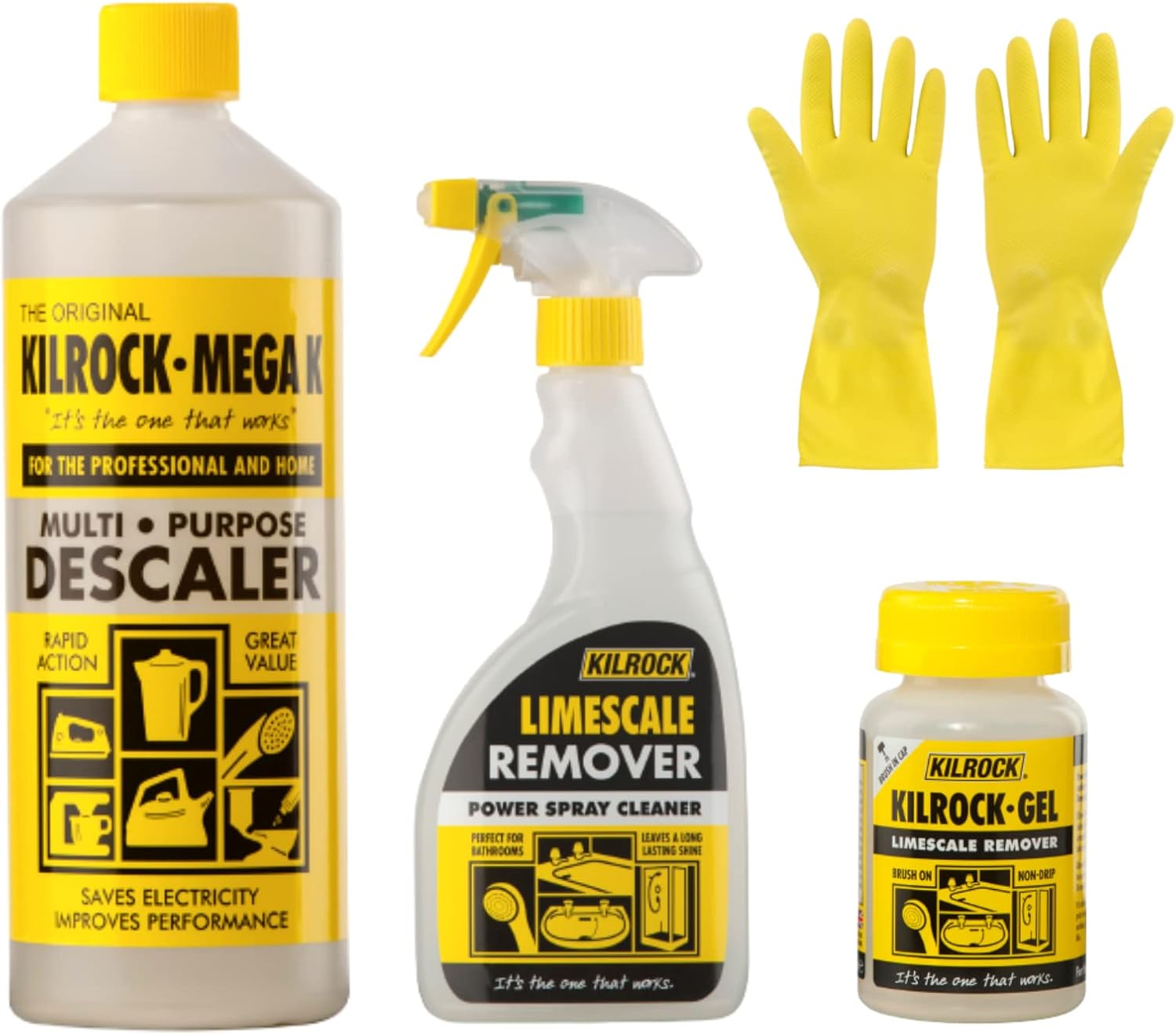 CHG Descaler Limescale Remover Bundle with 1x Mega-K 1000ml, KGel 160ml, KPower Spray Cleaner 500ml, 1 Pr Cleaning Gloves - Multi Purpose Limescale Stain Remover for Bathroom & Appliances