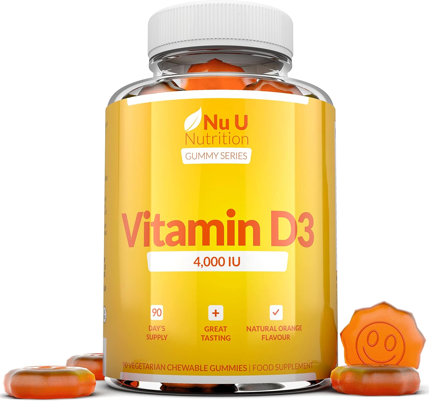 Vitamin D3 Gummies 4000IU Adults - 90 Vegetarian Gummies - Natural Orange Flavour - Chewable VIT D Gummy Supplement - Made in The UK - Nu U Nutrition