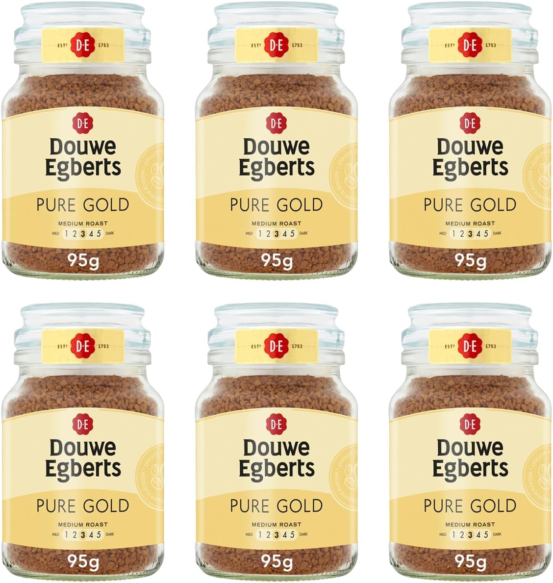 Douwe Egberts Pure Gold Medium Roast Instant Coffee 95g (Pack of 6 Jars, Total 570g)