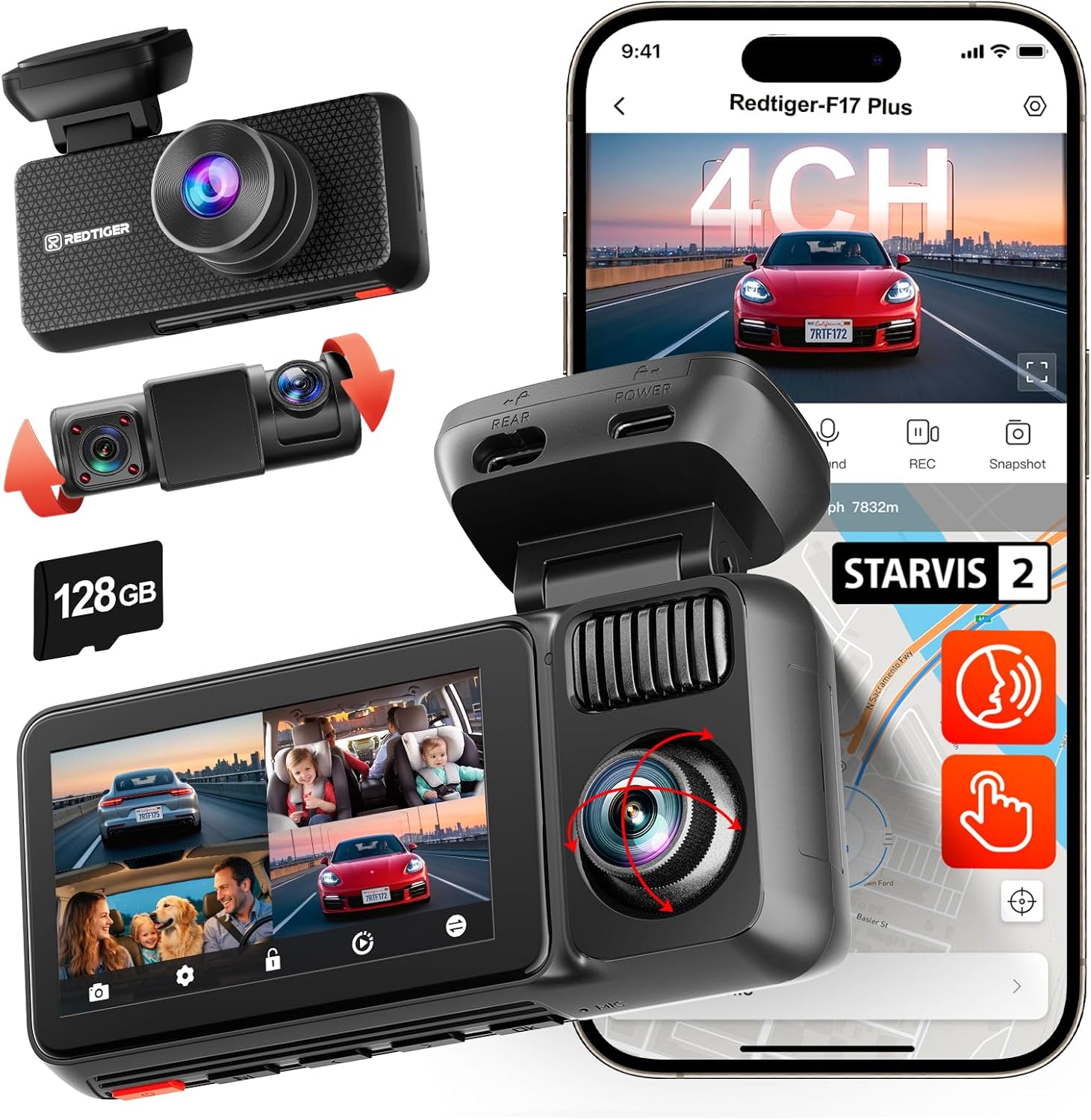 REDTIGER F17 Plus 4 Channel Dash Cam 2.7K+1080P*3, STARVIS 2, 128GB Card Included, 360° Front Inside and Rear Cabin Car Camera, IR Night Vision, 5GHz WiFi GPS, Voice Control, Touchscreen, Parking Mode