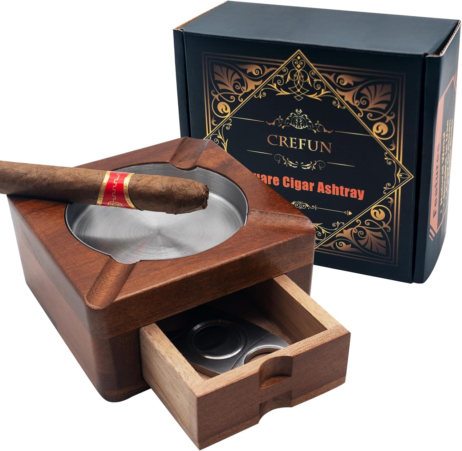 Wooden Cigar Ashtray with 4 Slot Holder & Detachable Drawer - Crefun CK4831, Compact Design for Car/Office/Golf, Men's Cigar Accessories for Dad Husband