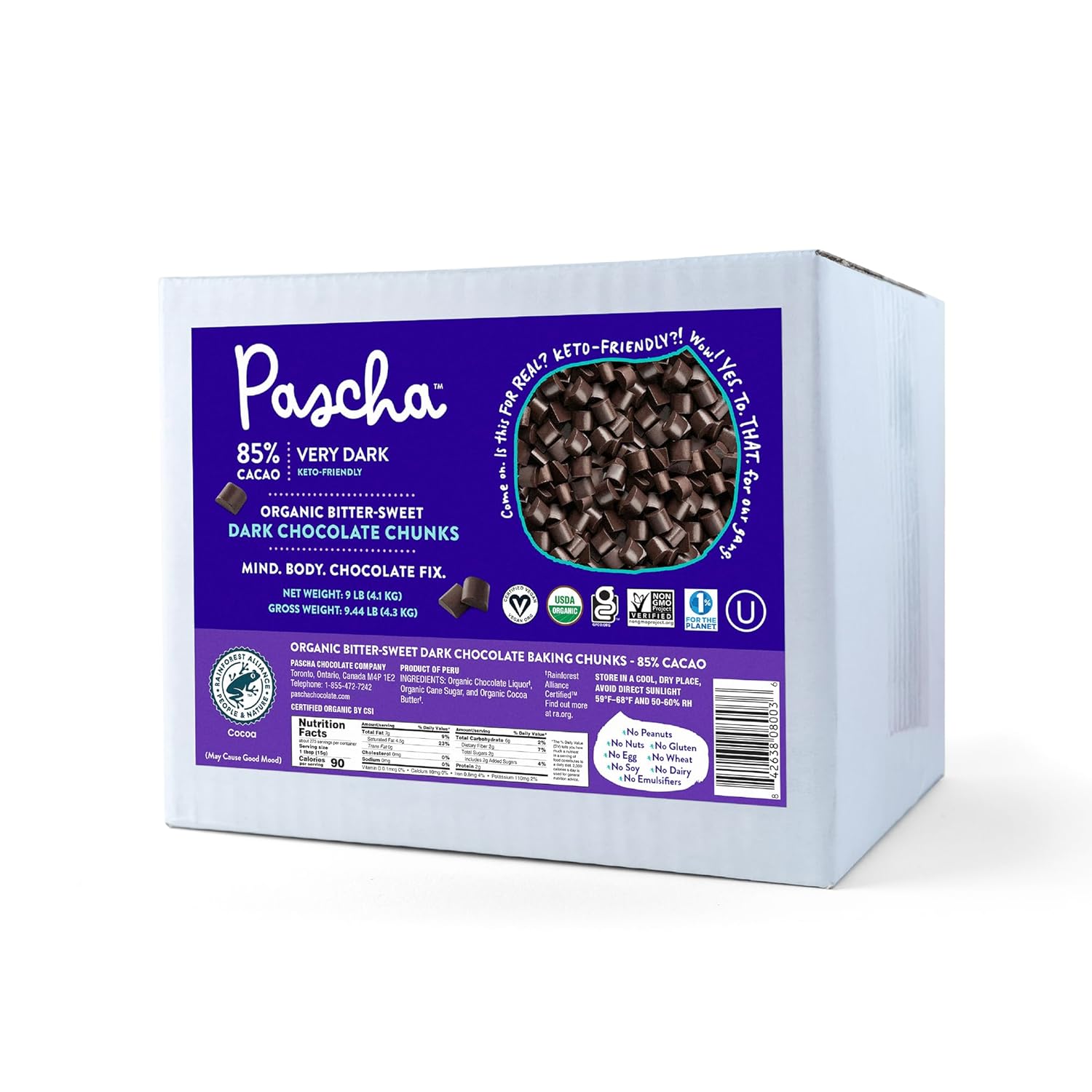 Pascha Organic Extra Dark Chocolate Chunks - 85% Cacao Bittersweet - Vegan, Keto-Friendly Baking Chunks - Rainforest Alliance Certified - No Dairy, Soy, Gluten or Nuts (10 lbs)