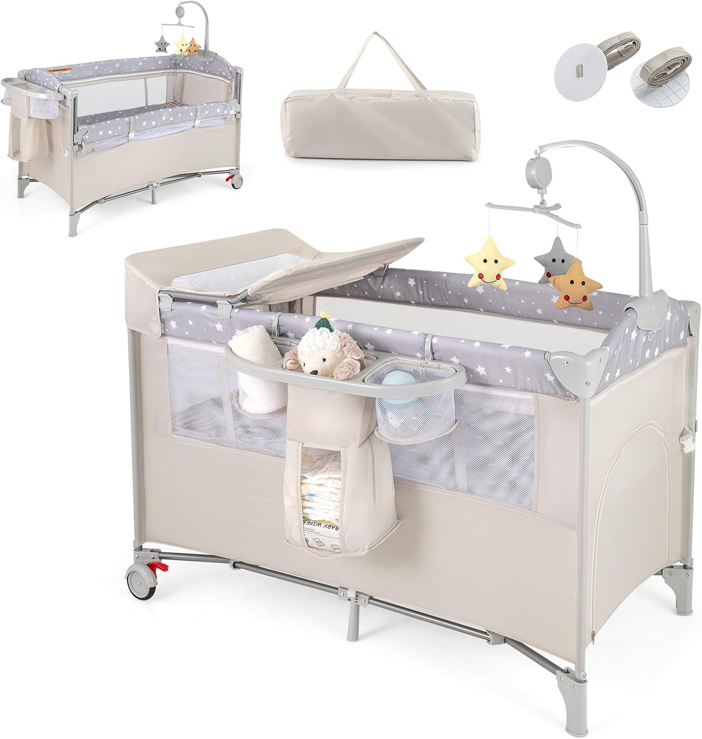 GYMAX 5 in 1 Folding Travel Cot, Portable Baby Bed Playard with Diaper Changer, Music Box, Mattress, Safety Strap, Side Zipper Entrance, Infant Bassinet Nursery Center for Newborn (Beige)