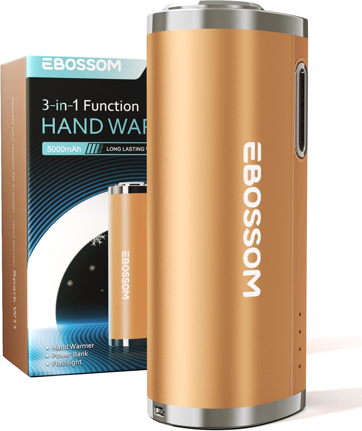 Hand Warmer Rechargeable, 5000 mAh Power Bank 3 in 1 Electric Hand Warmer, Reusable Flashlight Pocket Heater for Outdoor, Hunting, Camping, Spark W11 Orange