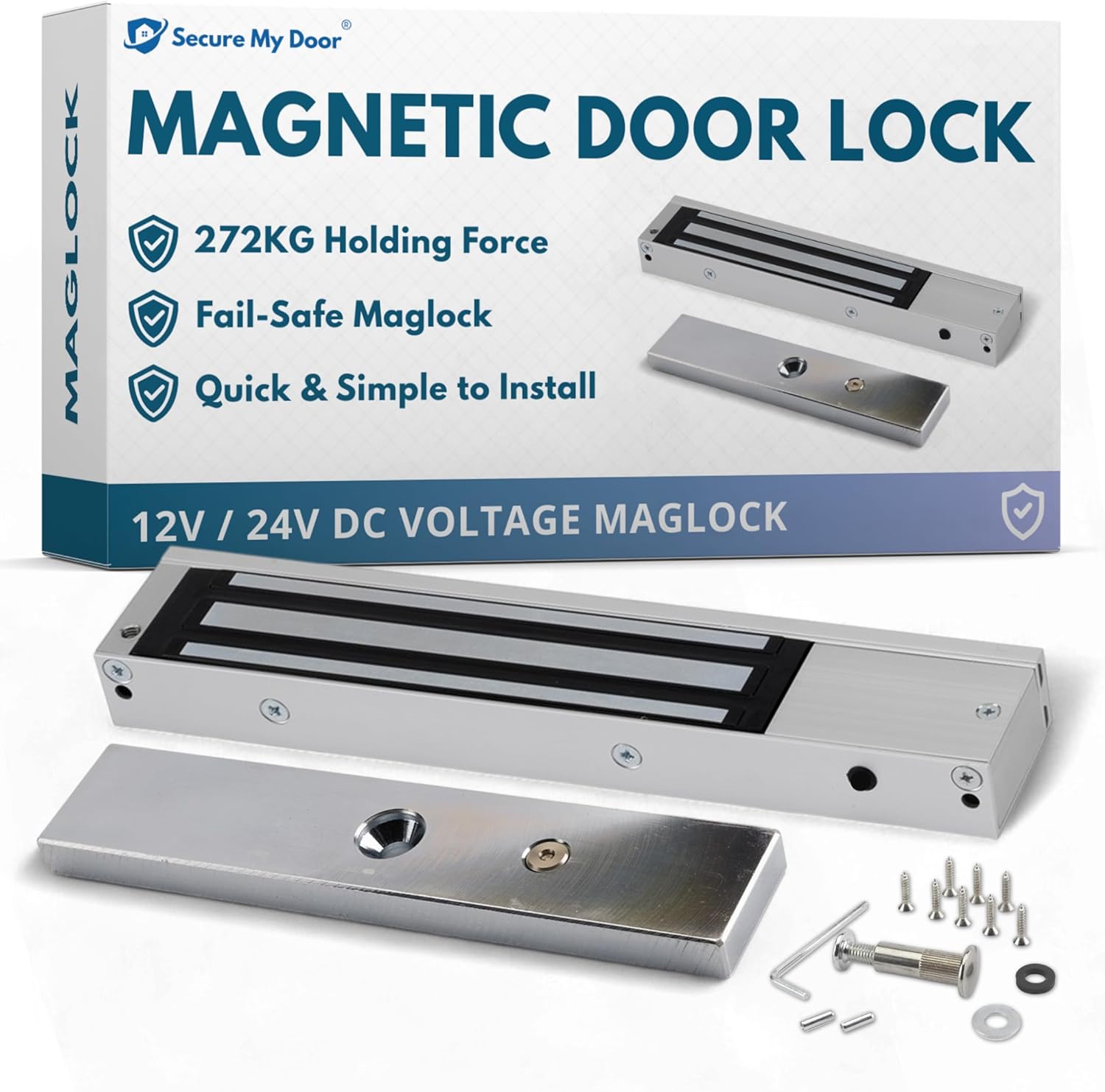 SecureMyDoor Magnetic Door Lock - Fail Safe 272KG Holding Force - Mini Magnet EM Maglock for Out Swinging Doors - Ideal for Commercial, Residential, and Industrial Buildings.