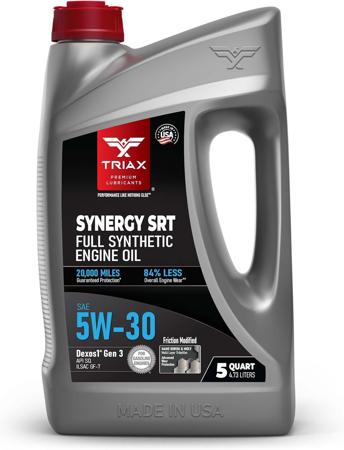 TRIAX Synergy SRT 5W-30 - Full Synthetic, Friction Modified Engine Oil - 20K Miles, API SP Licensed, 3x Wear Protection - Nano Boron and Moly Friction Modified (5 Quart)