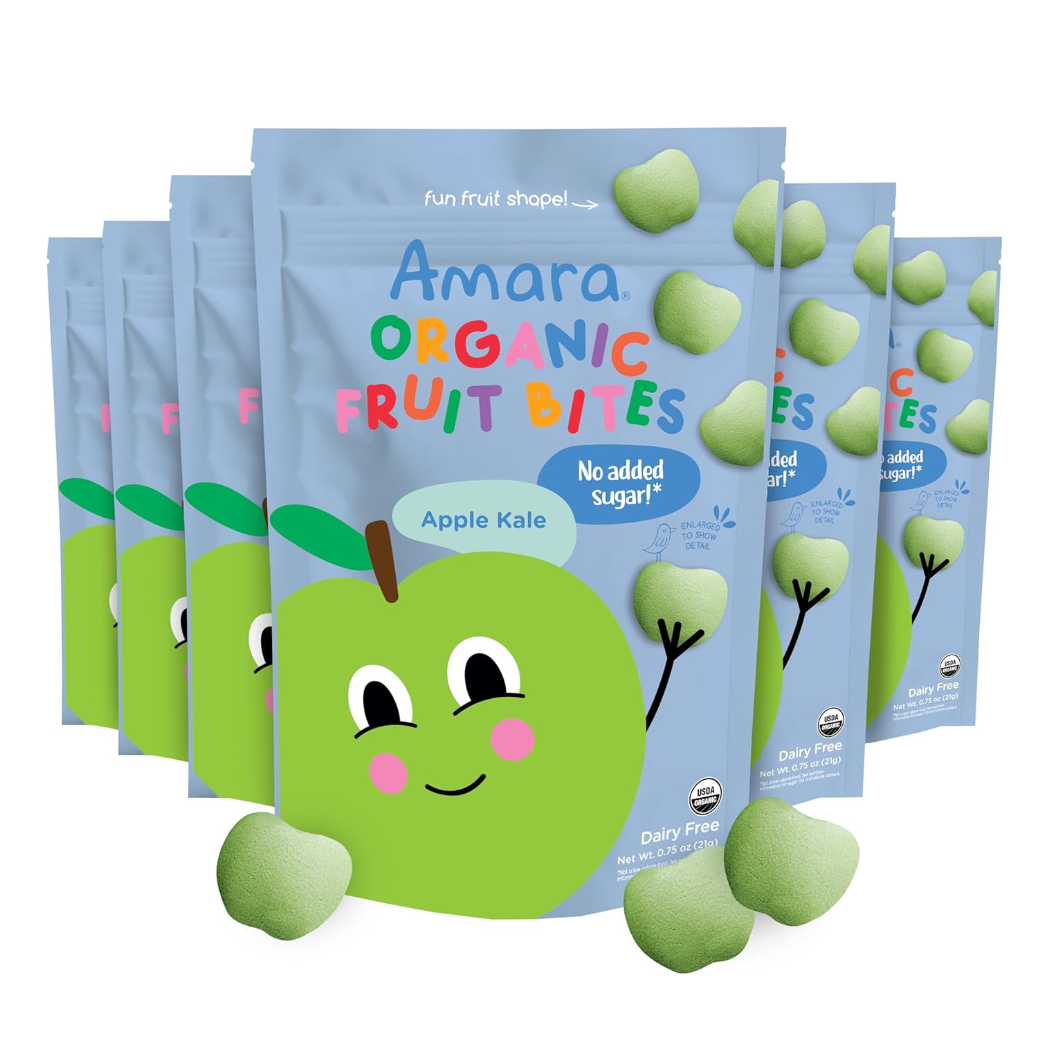 Amara Organic Fruit Bites Apple Kale - No Artificial Colors/Dyes, Added Sugar, Dairy-Free Fruit Snacks, Made with Organic Whole Foods, Healthy Fruit Snacks for Kids - 6 Pack