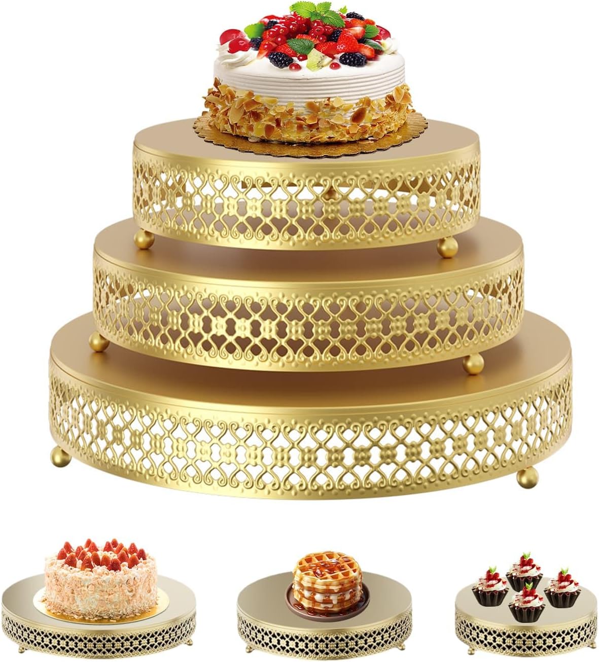 DYUEE Cake Stand Set of 3 Round Metal Cake Stand 12/10/8 Inch Gold Cake Stands for Dessert Table Display Cupcake Stands Dessert Stands Pastry Candy Display Plate for Wedding Event Birthday Party