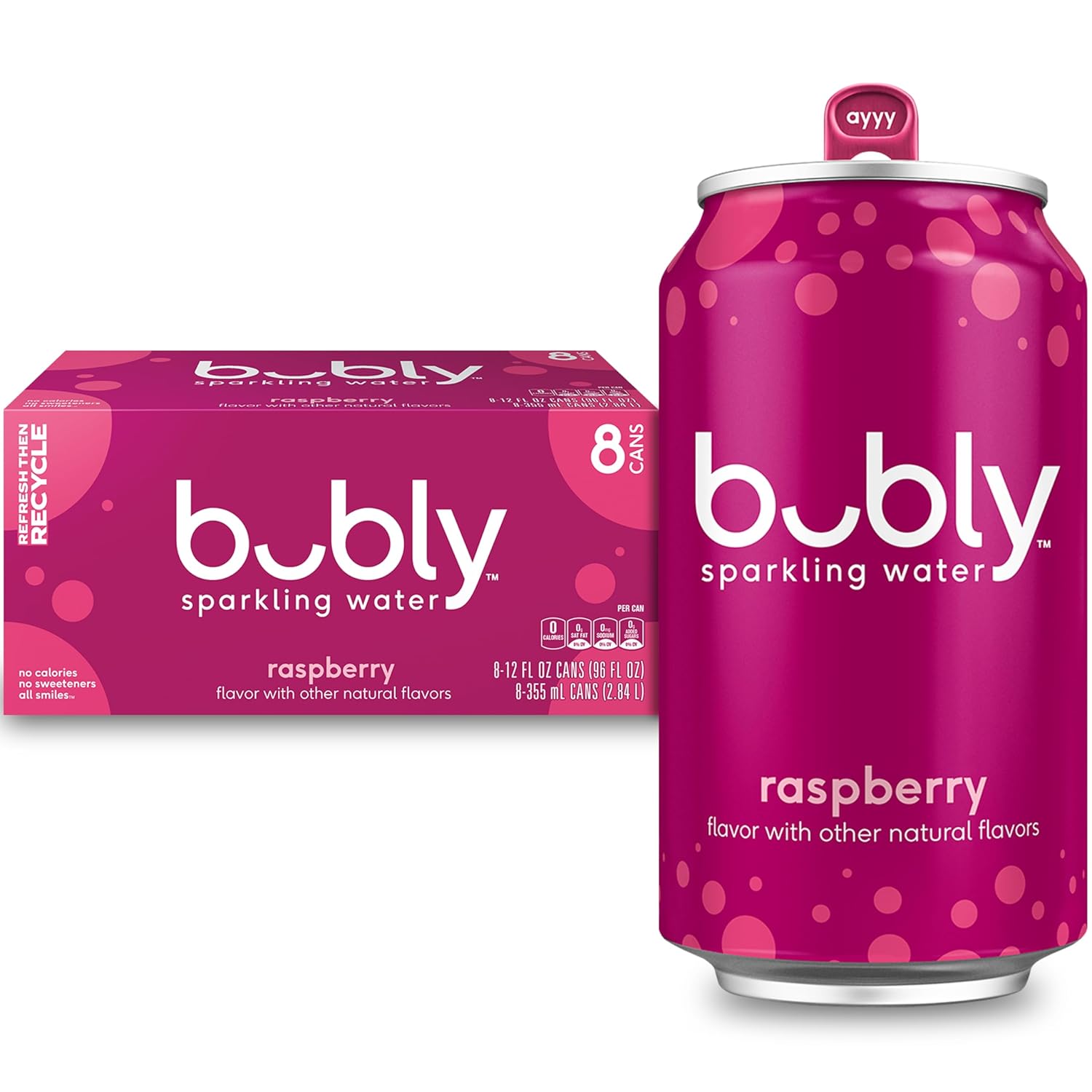 Bubly Sparkling Water, Raspberry, Zero Sugar & Zero Calories, Seltzer Water, 12 Fl Oz Cans (Pack of 8)