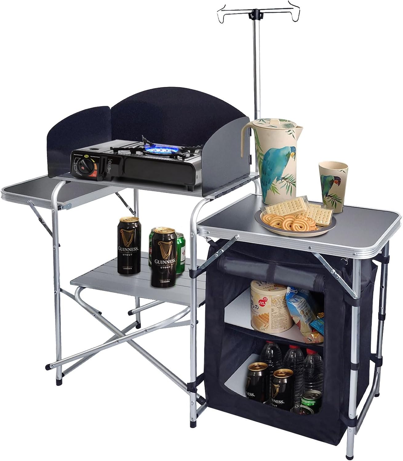 CampLand Folding Cooking Table Outdoor Portable Cook Station Aluminum Camping Kitchen with Storage Organizer (Black)