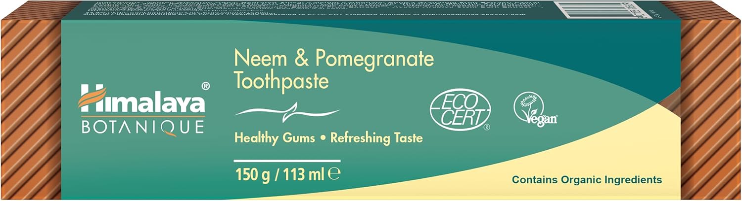 Ecocert Cosmos Natural Certified Himalaya Botanique Neem & Pomegranate Toothpaste with Organic Herbal Extracts, Fights Plaque, Brightens Teeth, No Fluoride, SLS Free, Vegan, 150g