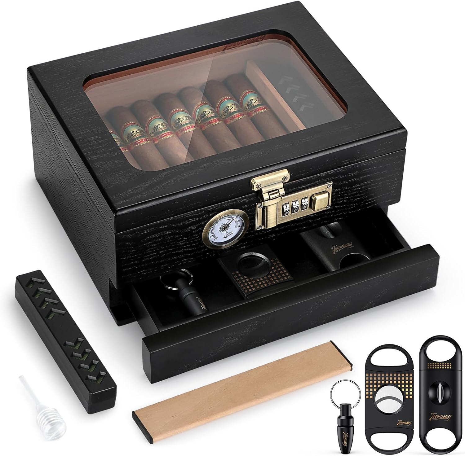 Cigar Humidor, Cedar Wood Humidor Cigar Box, Glass Top Desktop Humidor with Front Hygrometer, Humidifier, Divider, Accessories Drawer and Combination Lock, Cigar Gifts for Men (Black)