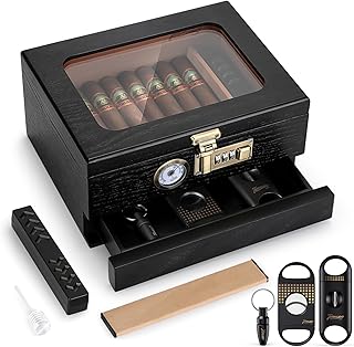Cigar Humidor, Cedar Wood Humidor Cigar Box, Glass Top Desktop Humidor with Front Hygrometer, Humidifier, Divider, Accessories Drawer and Combination Lock, Cigar Gifts for Men (Black)