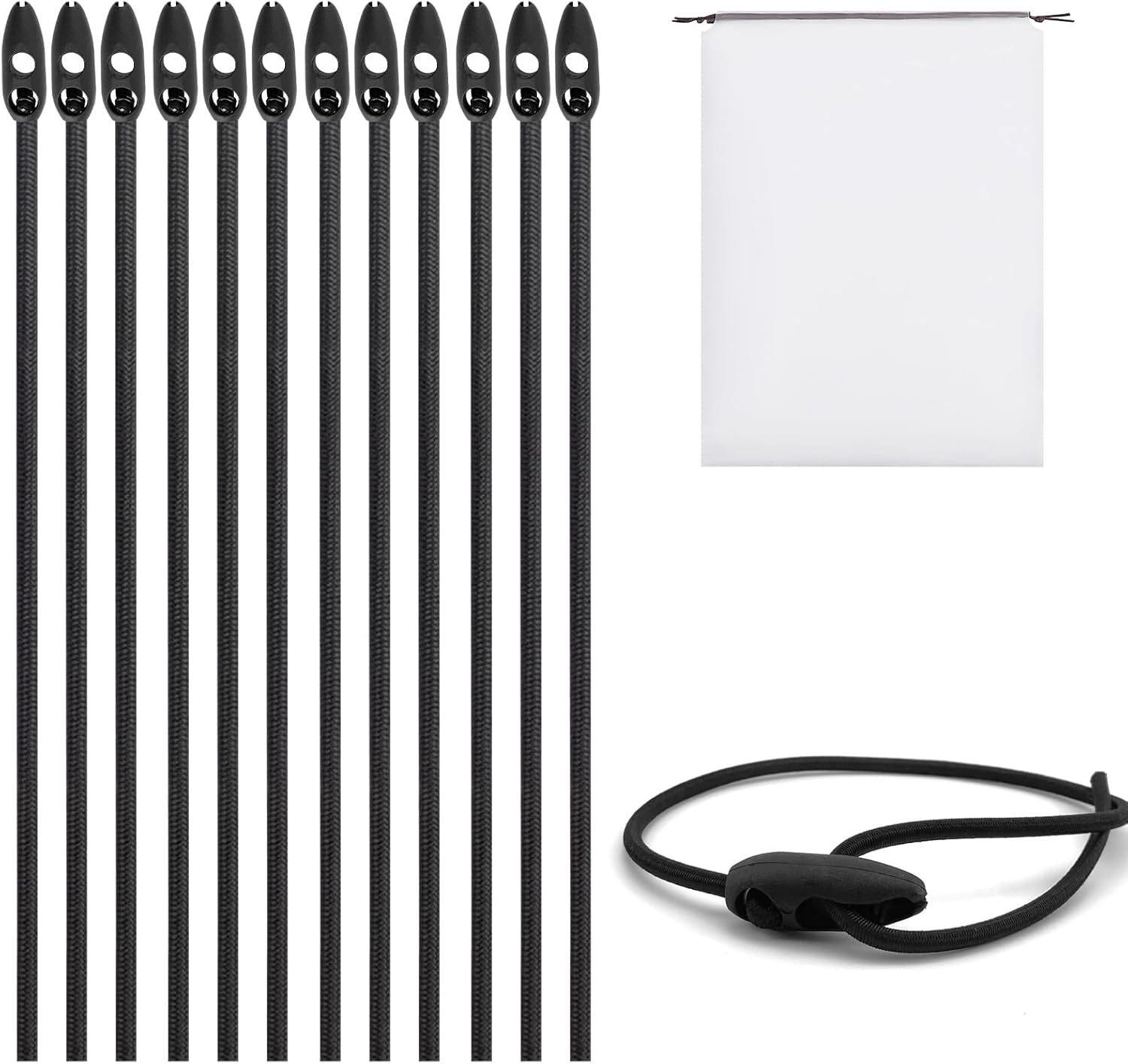 12pcs Heavy Duty Bungee Cords, 50cm Adjustable Elastic Bungee Straps, Weatherproof Luggage Rubber Rope, Multi-Purpose Shock Cord with Buckle Drawstring Bag, Elasticated Tie Downs for Caravan Camping