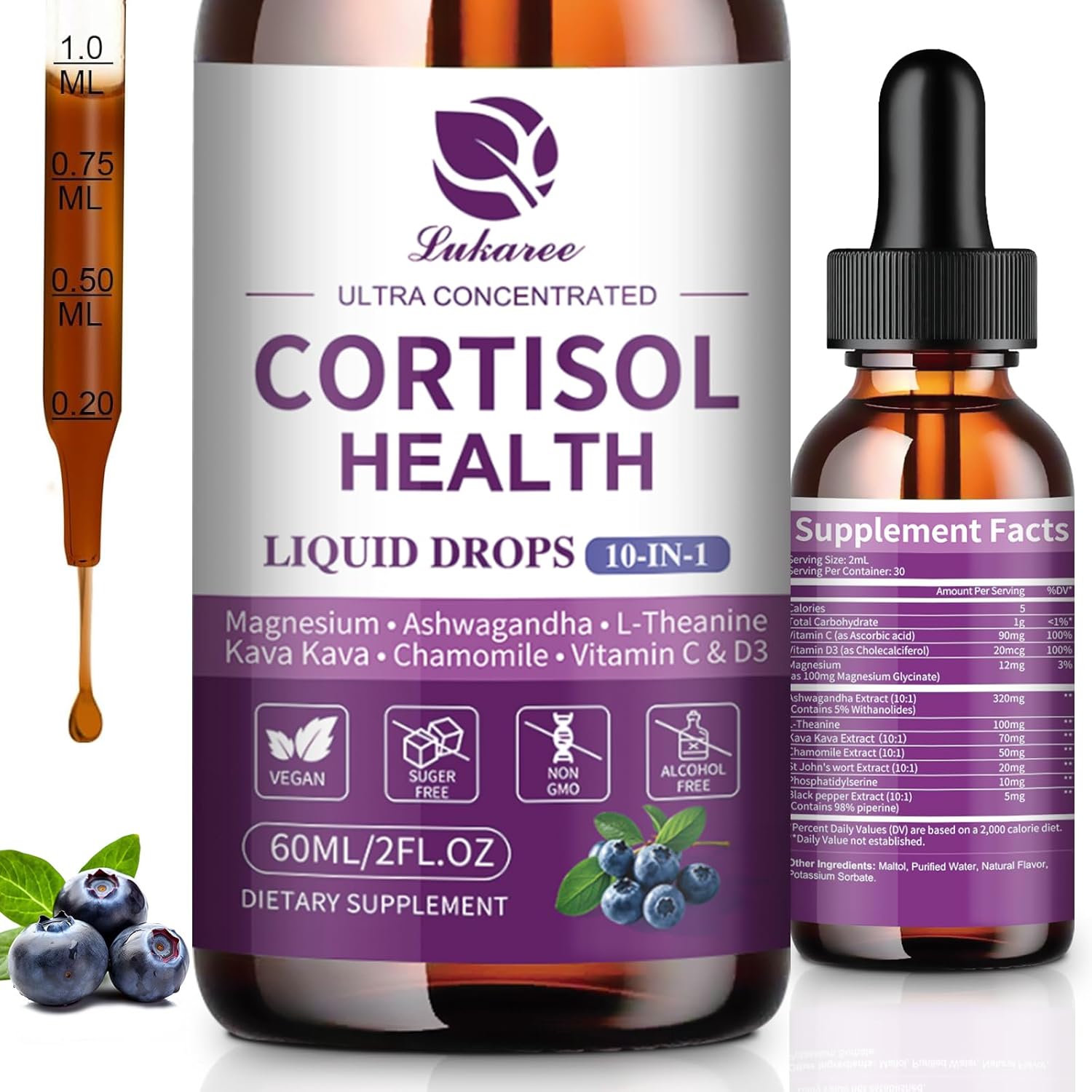 Cortisol Supplements for Women & Men, 10 in 1 Cortisol Detox Manager Reducer with Magnesium, Ashwagandha, L-theanine, Hormone Balance Liquid Drops - Mood, Focus, Sleep - 2 FL.OZ, Blueberry Flavor
