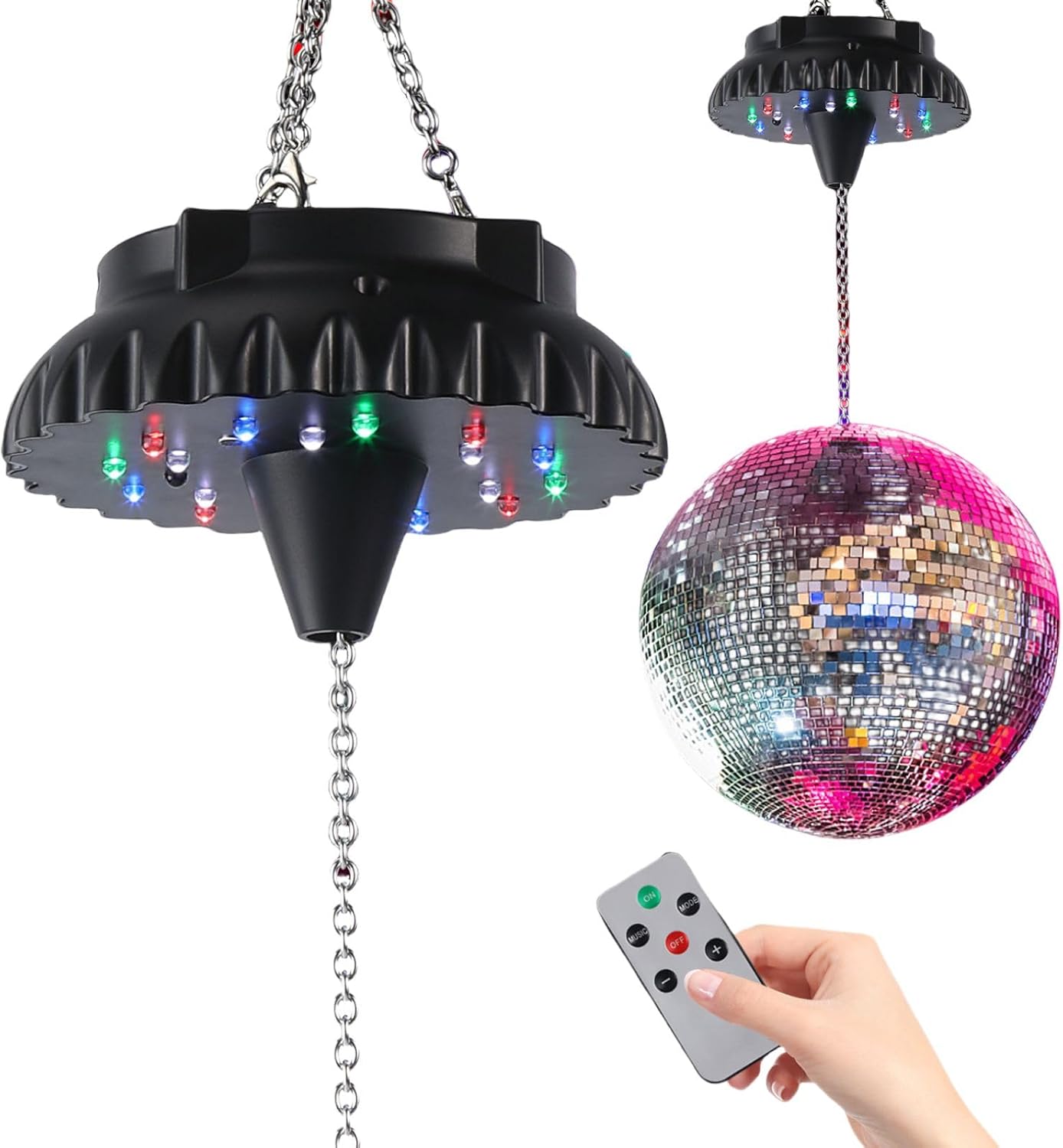 Disco Ball Motor Rotating with Light: Rechargeable Disco Ball Spinner with Remote Adjustable Speed - 18 RGBW LED Light for Hanging Mirror Ball Wedding Party Decor