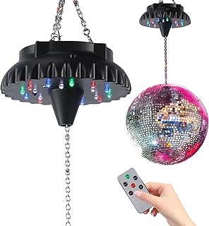 Disco Ball Motor Rotating with Light: Rechargeable Disco Ball Spinner with Remote Adjustable Speed - 18 RGBW LED Light for Hanging Mirror Ball Wedding Party Decor