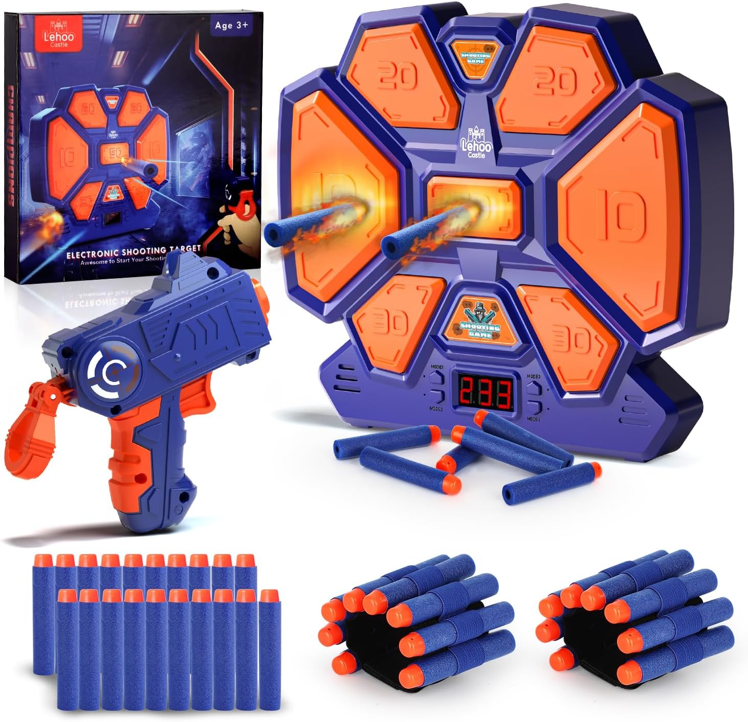 Lehoo Castle Electronic Target for Nerf Guns, Digital Auto Scoring Shooting Target with 4 Modes, Light and Sound Effect, Indoor Outdoor Shooting Game Toy for Kids Boys Girls（Blue）
