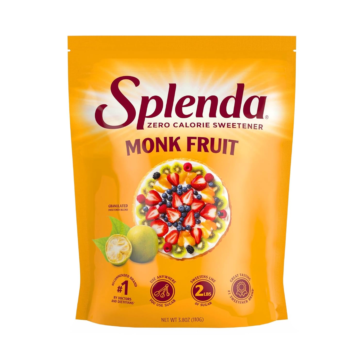 Splenda Monk Fruit Zero Calorie Plant Based Granulated Sweetener, No Erythritol, Sugar Substitute, 3.8 Oz (Pack of 1)