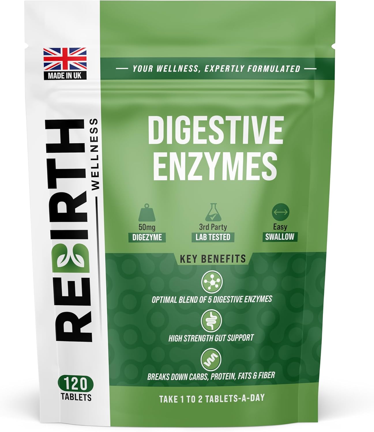 Digestive Enzyme Supplements - 120 Tablets for Optimal Gut Health - Contains DigeZyme, Lactase, Protease - Promotes Healthy Digestion, Essential Digestive Enzymes - UK Made, Vegan