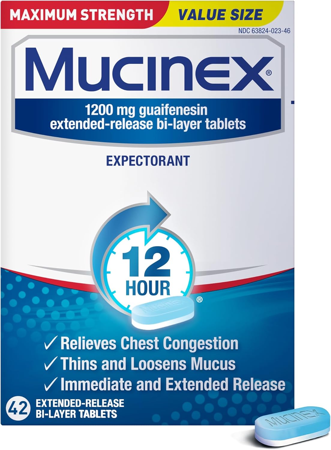 Mucinex Chest Congestion Maximum Strength 12 Hour Extended Release Tablets Relieves Chest Congestion Caused by Excess Mucus(#1 Doctor Recommended OTC expectorant), 1200mg, 42 Count (Pack of 1)
