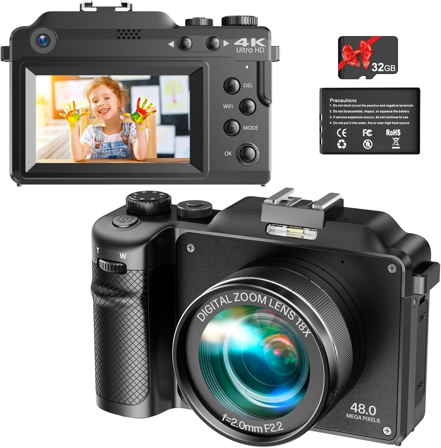 Vmotal 4K Digital Camera, UHD 48MP Photo 4K Video Recorder, Dual Lens Camera, 18x Digital Zoom, Autofocus Camera with Wifi APP& SD Card, Vlogging Camera for YouTube