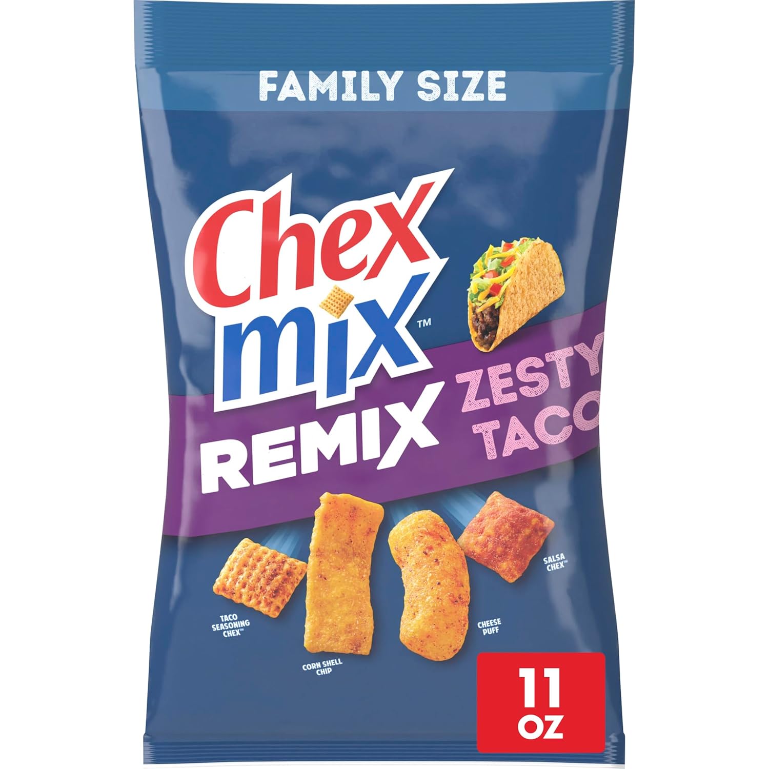 Chex Mix Remix Zesty Taco Savory Snack Mix, Snacks, Family Size, 11 oz