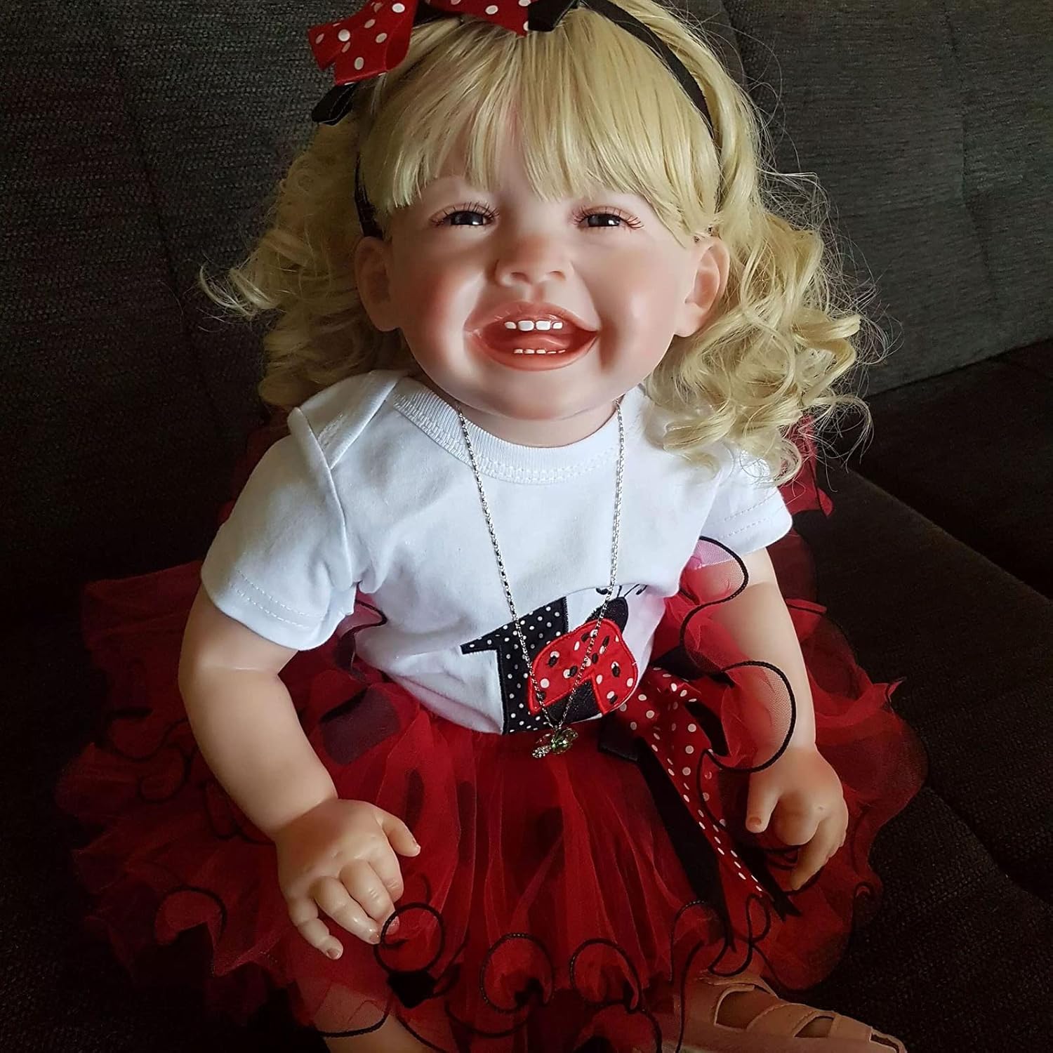 YIHANGG 68CM Girl Reborn Baby Doll 27inch Smiling Reborn Toddler Doll Blond Hair Happy Big Baby Doll With Red Dress Birthday Toy