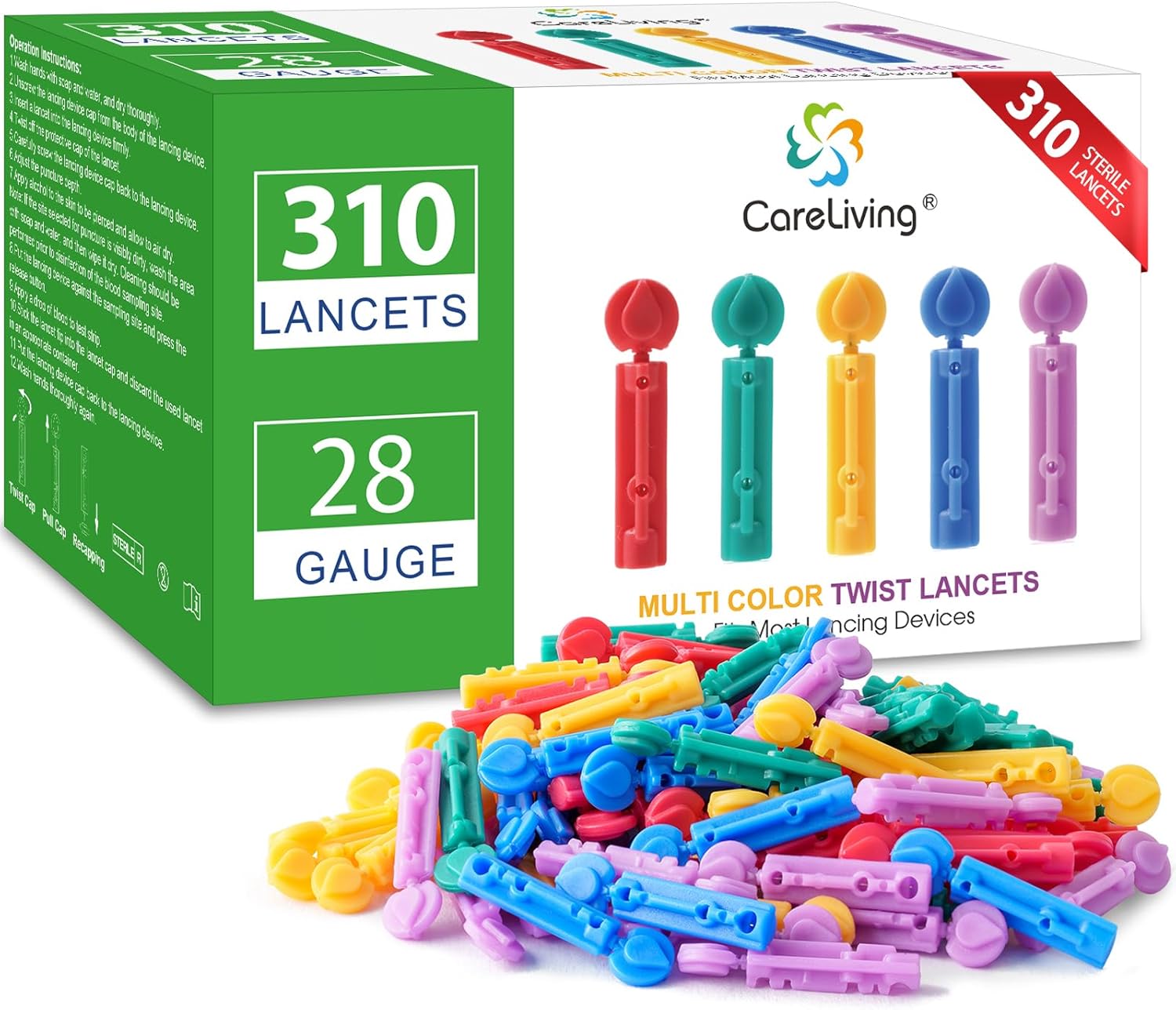 Lancets for Diabetes Testing - 28 Gauge Diabetic Lancets for Blood Testing and Glucose Testing - Fits Most Lancing Devices - 310 Count (Colourful)