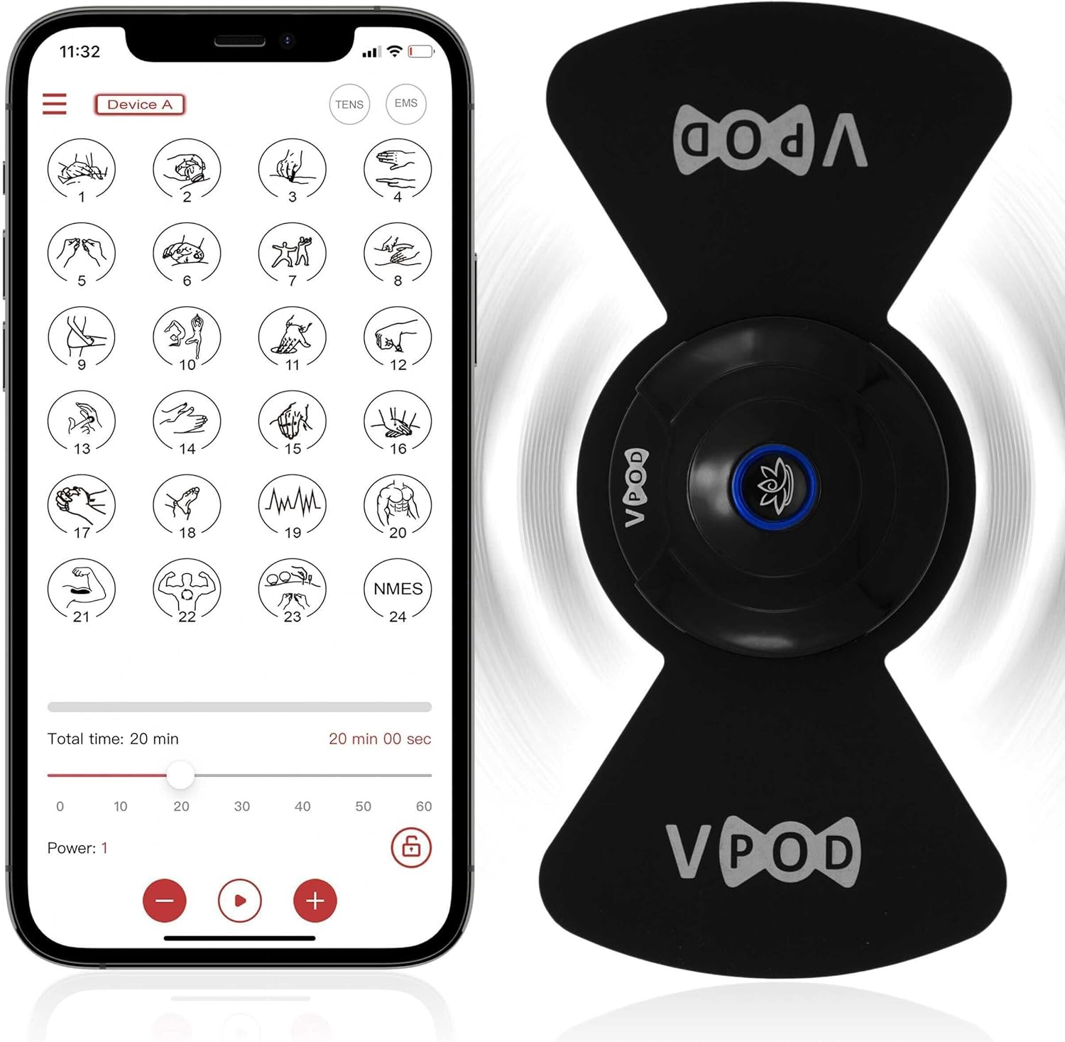 Massage Therapy Concepts VPOD Wireless TENS Unit - EMS Muscle Stimulator for Pain Relief Therapy with 24 Modes - TENS Massager Electric Stimulation Machine for Sciatica, Back, Neck - FSA/HSA Eligible