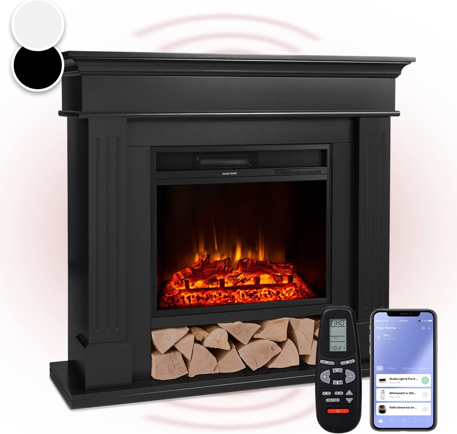 Klarstein Electric Fireplace, Electric Fire and Surround Mantel Suite, 1800W LED Flame Fire Place with Remote Control, Timer, and Auto Temperature Control, Indoor Log Effect Wood Burner, Fan Heater