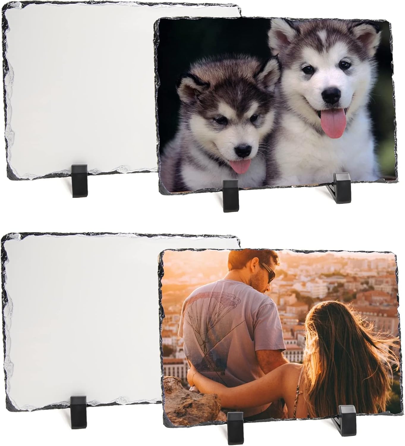 ORJ 4 Pack Sublimation Slate Blanks Custom Stone Slate Picture Frame Heat Transfer Rock Photo Plaque 6x8 Inch with Display Stand Decoration for Desktop Souvenir DIY Personalized Gift