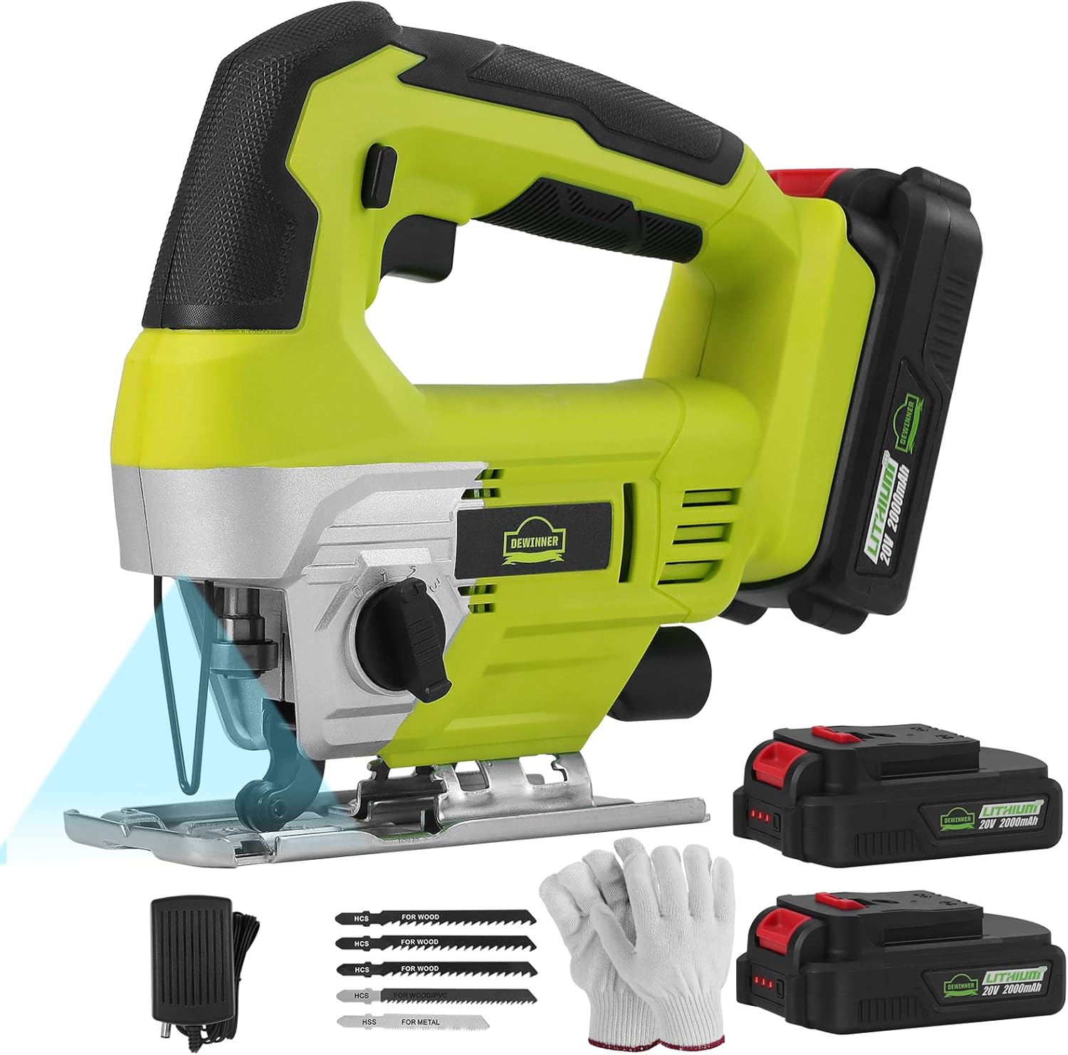 DEWINNER 20V Cordless Jig Saws, Electric Jigsaw with 0-4 Orbital Sets, 2 x 2000mAh Battery, ±45°Bevel Cutting Angle,LED Light, 5PCS T-Shank Blades for Wood Metal Cutting