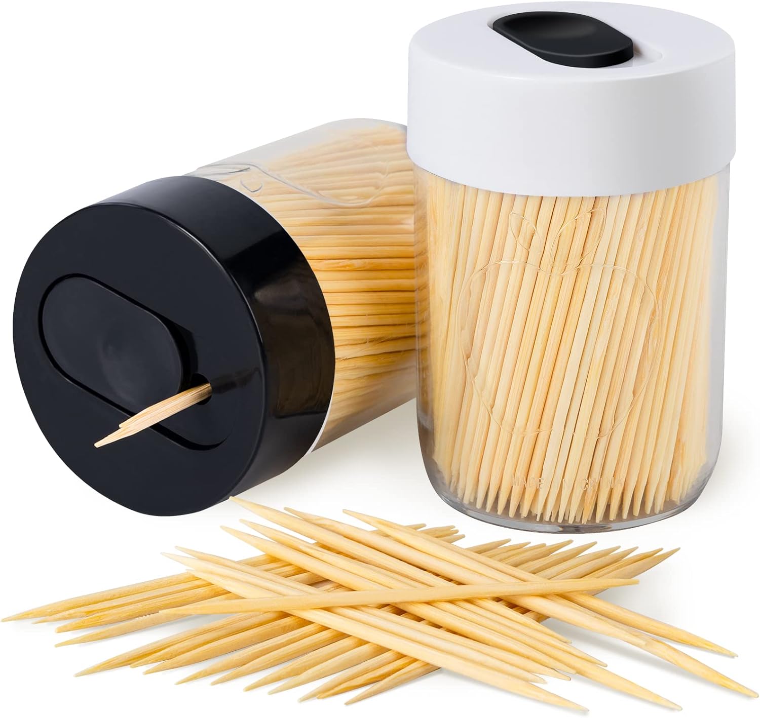 Urbanstrive Sturdy Safe Toothpick Holder with 800 Natural Wood Toothpicks for Teeth Cleaning, Unique Home Design Decoration, Unusual Gift, 2 Pack (Black+White)
