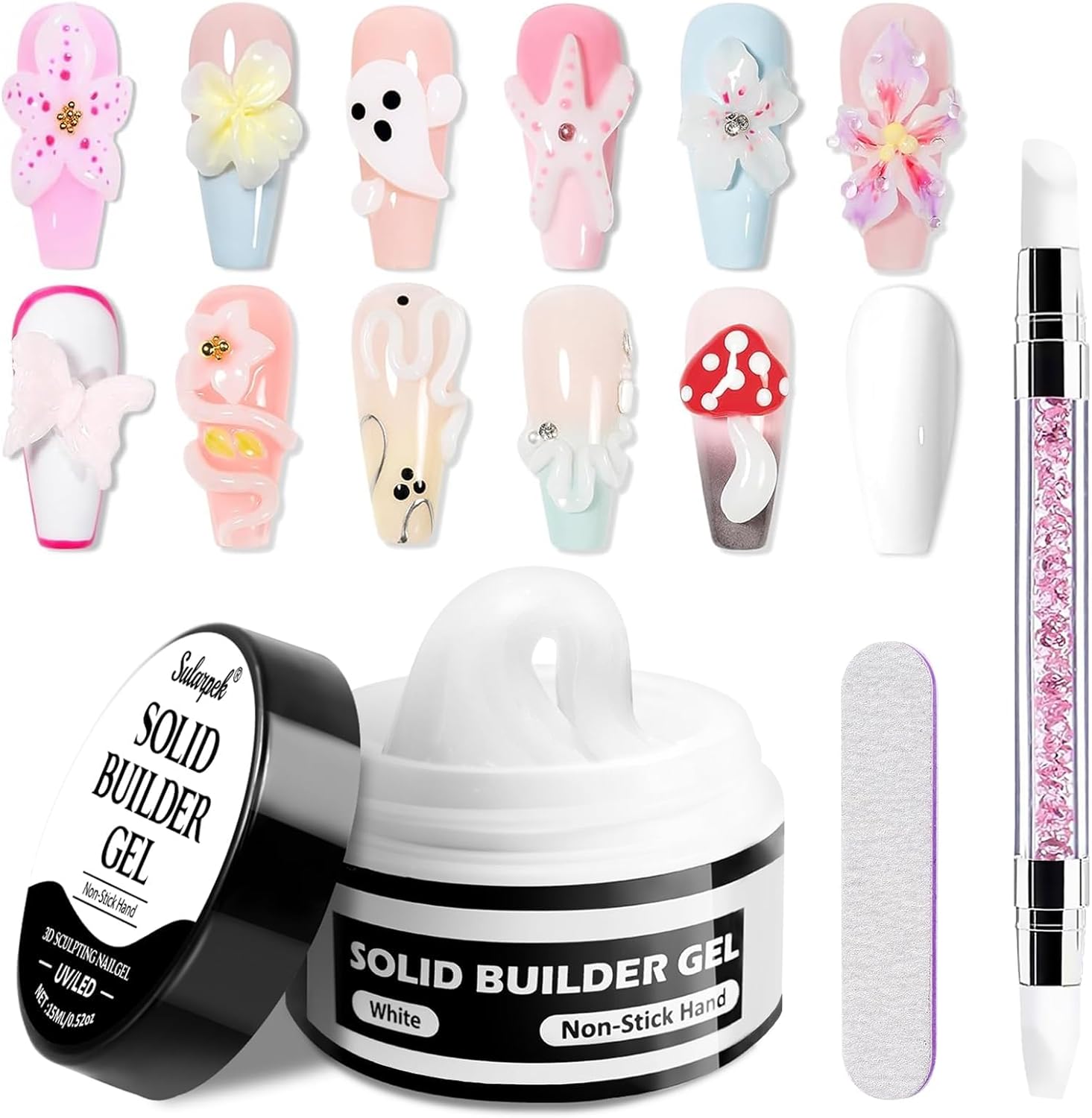 15 ml Solid Builder Gel for Nails, Hard Gel For Nails, 3D Nail Gel, Non-Stick Solid Sculpture Builder Gel, 3D Sculpting Nail Gel for Nail Extensions, Repair, Nail Art Design (White)