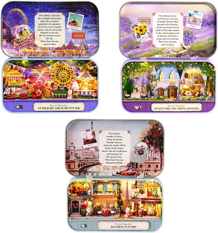 WDC 3PCS DIY House Box Theater Dollhouse Miniature Scene Tin Box Toyhouse Kit Miniature Furniture Kit Toys House fo rCreative Valentine's Wedding Gift