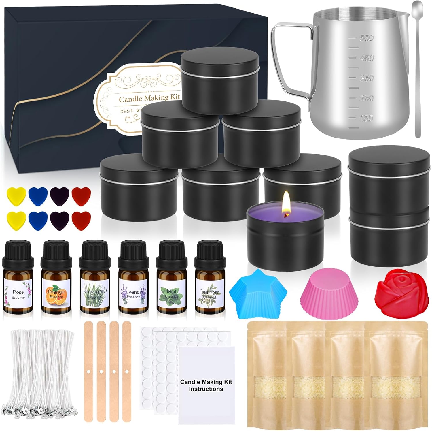 Candle Making Kit for Adults Beginners, Candle Making Supplies Accessory, DIY Scented Candle Set with Soy Wax, Essential Oil, Wicks, Wax Melting Pot, Moulds, Candle Jars, Dye, Make Your Own Candles