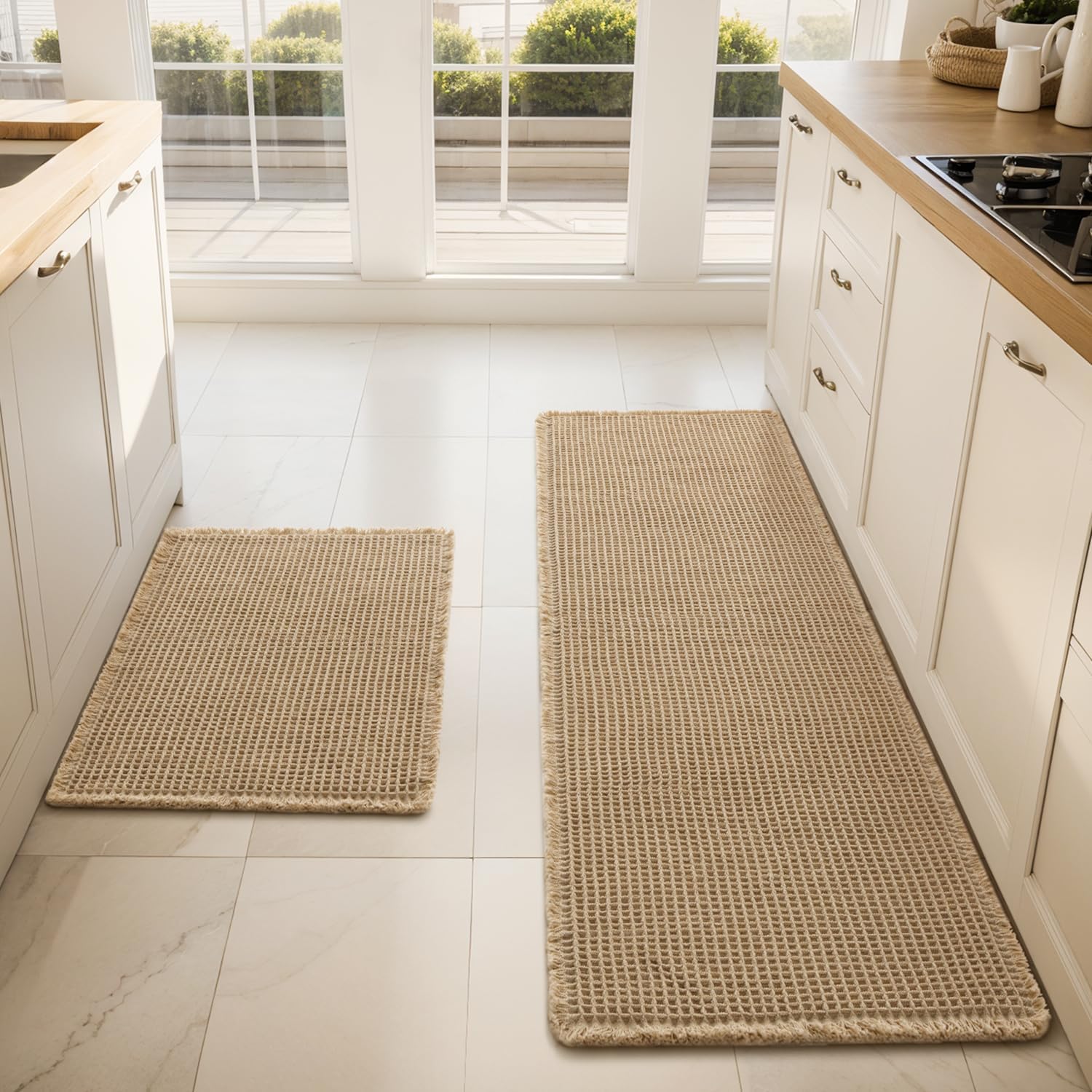 PADOOR Waffle Kitchen-Rugs Sets of 2, Kitchen Rugs Non Slip Washable Absorbent Kitchen-Mats for Floor, Comfort Kitchen Runner Rugs for in Front of Sink, Hallway, Laundry(Beige, 20"x47"+20"x32")