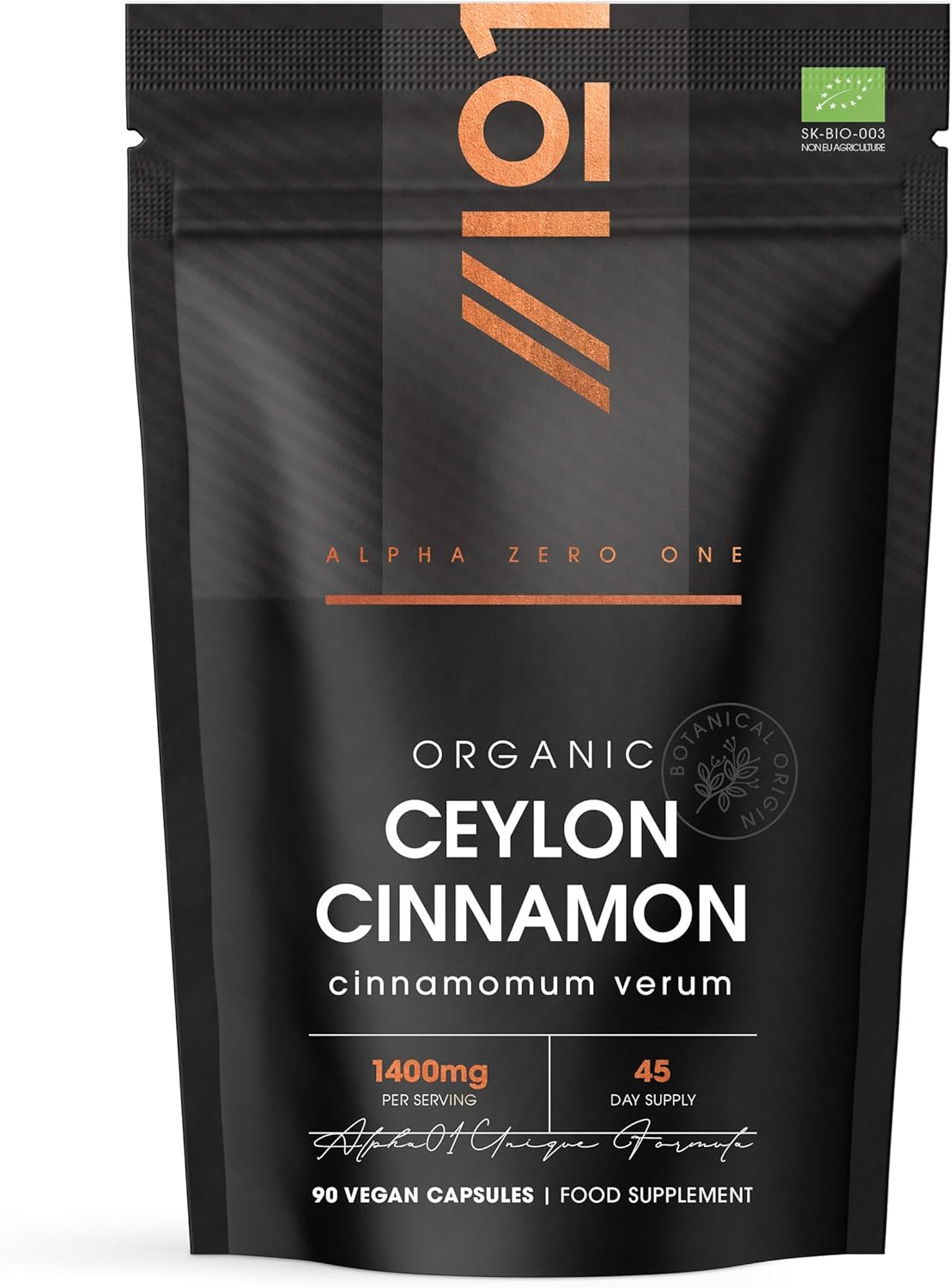 Organic Ceylon Cinnamon 1400mg – Potent 100% Sri Lanka Cinnamon Verum – 90 Vegan Capsules – Resealable and Recyclable Pouch by Alpha01