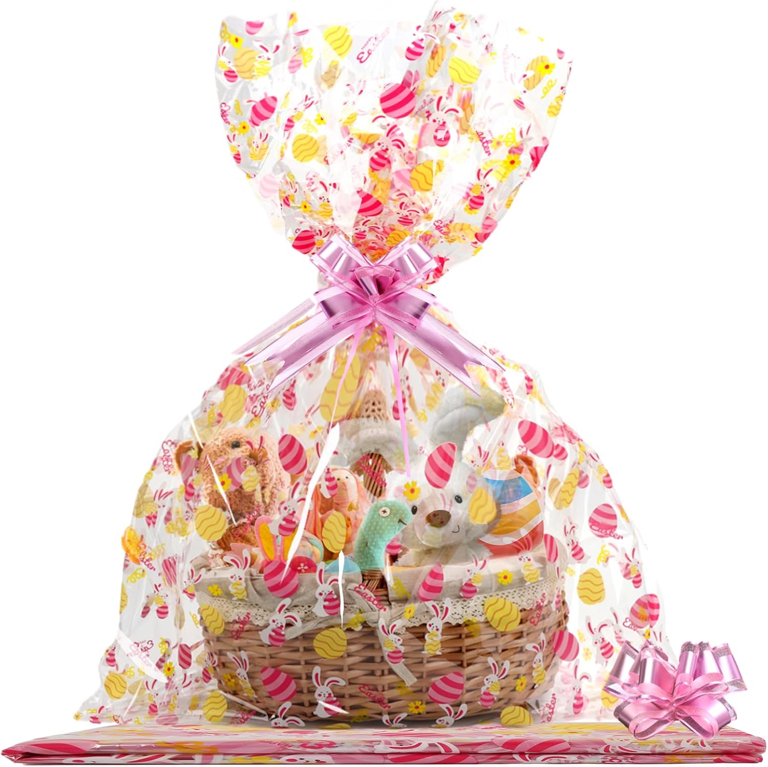 SUREHOME Cellophane Bags for Gift Baskets 30 x 40 Inch Large Clear Gift Bags for Easter Baskets Wrap, Set Of 10 Plastic Cello Bunny Treat Bag with Pull Bow Ribbon for Large Easter Basket