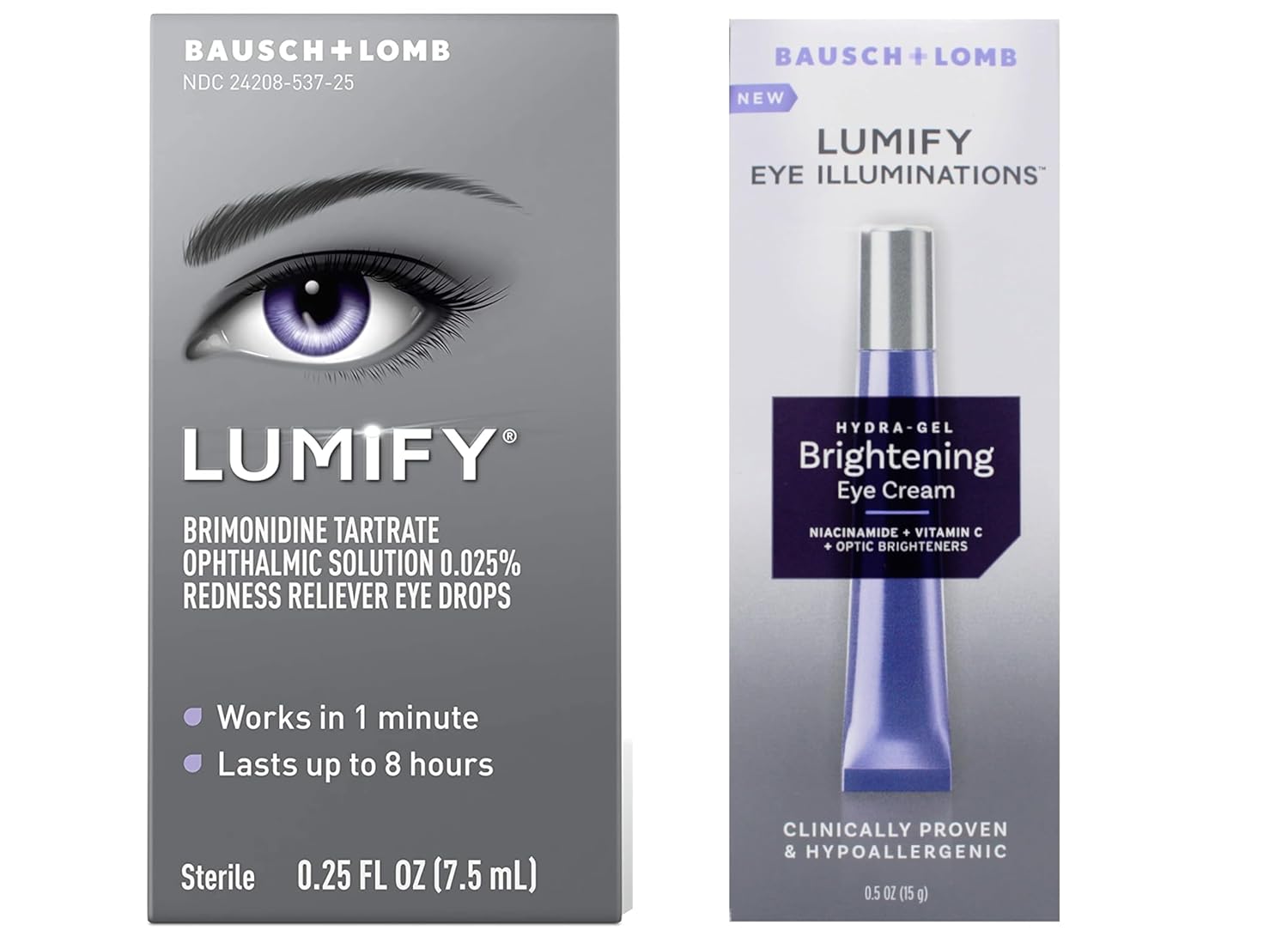 Lumify Redness Reliever Eye Drops 0.25 fl oz and Lumify Brightening Cream 0.5 fl oz, Hypoallergenic Eye Care Bundle