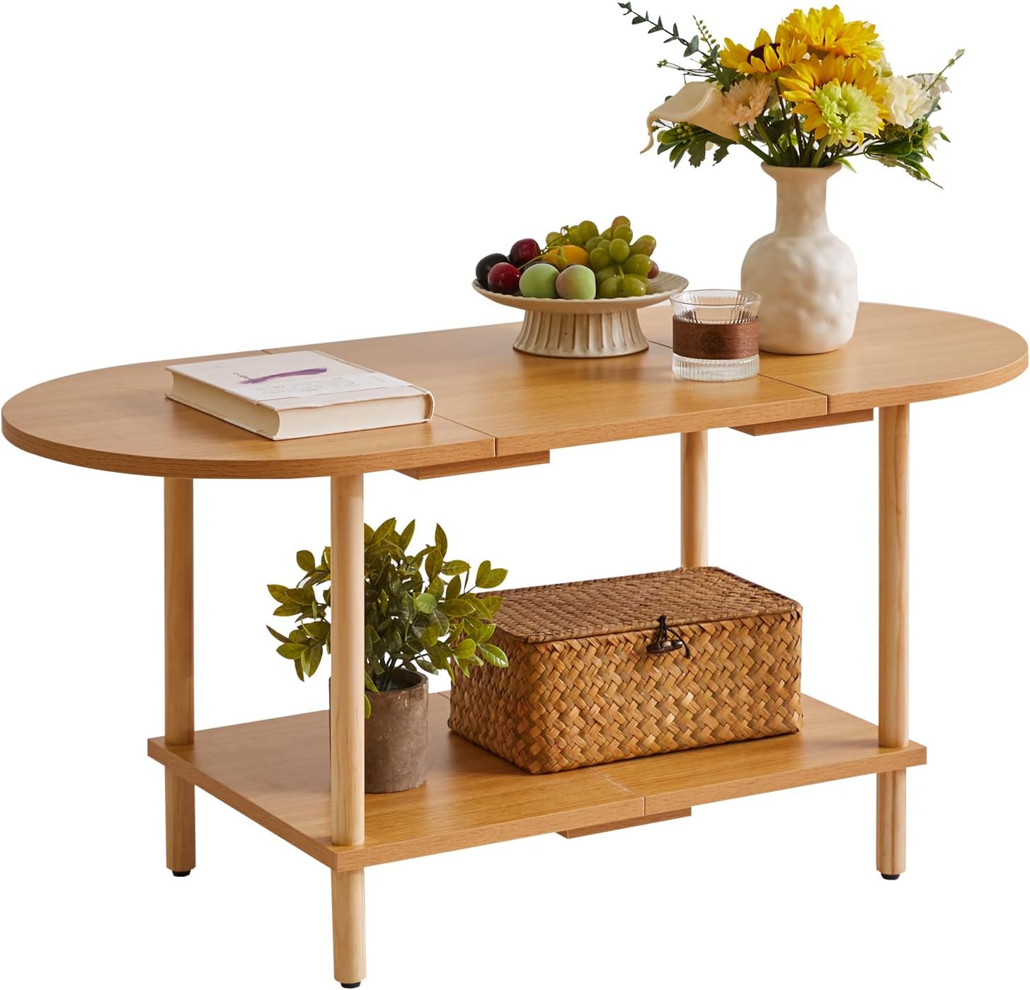 Aibiju Wooden Tea Table Splicing Design, 2 Tier Coffee Table for Living Room, 35x16x17inch TV Table Stand with Storage Shelf Natural Wood Color YD-011N