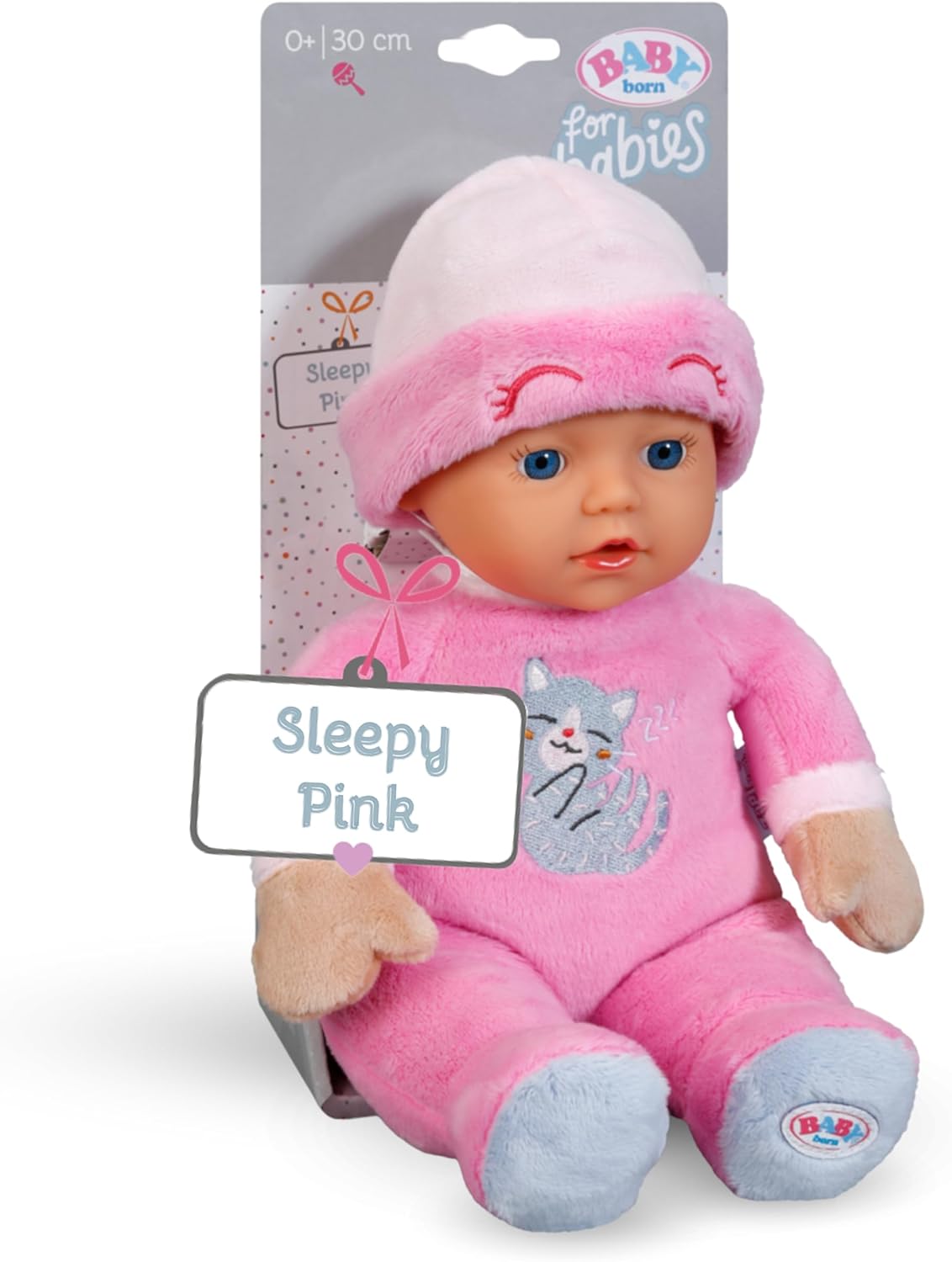 BABY born for babies Sleepy Pink, Soft 30cm Pink Fabric Doll with Cat-design Romper and Integrated Rattle for Newborn Babies, 837726 Zapf Creation
