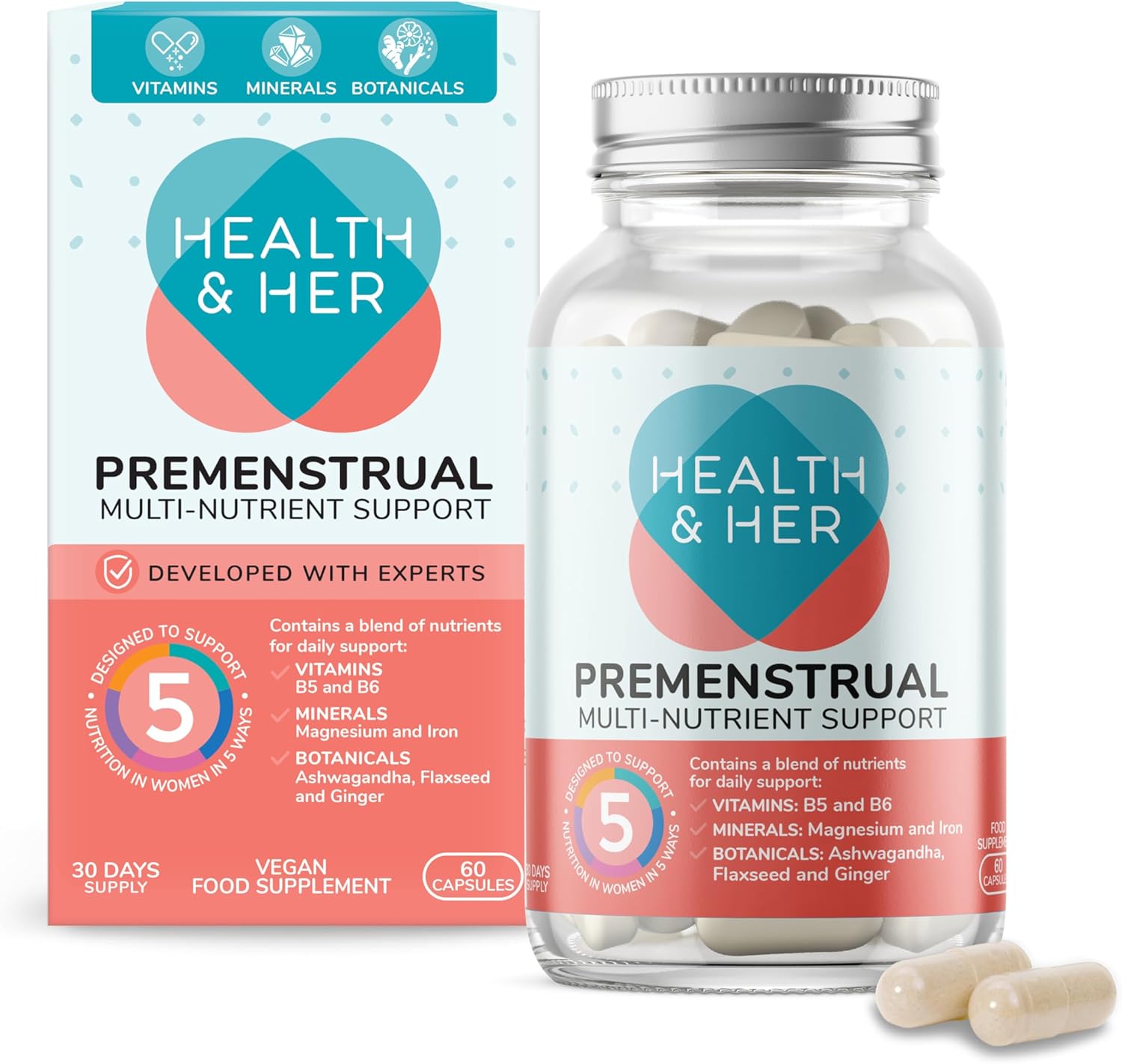 Health & Her Premenstrual Supplements for Women - with Ashwagandha, Flaxseed and Ginger Root - 1 Month Supply, 60 Capsules - Vegan & Gluten Free